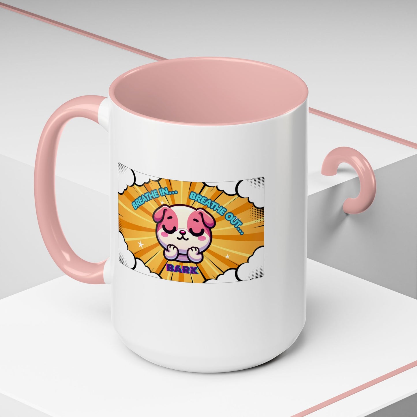 Stay Calm Pink Bulldog Kawaii Emote Coffee Mug — "Breathe In... Breathe Out... Bark"