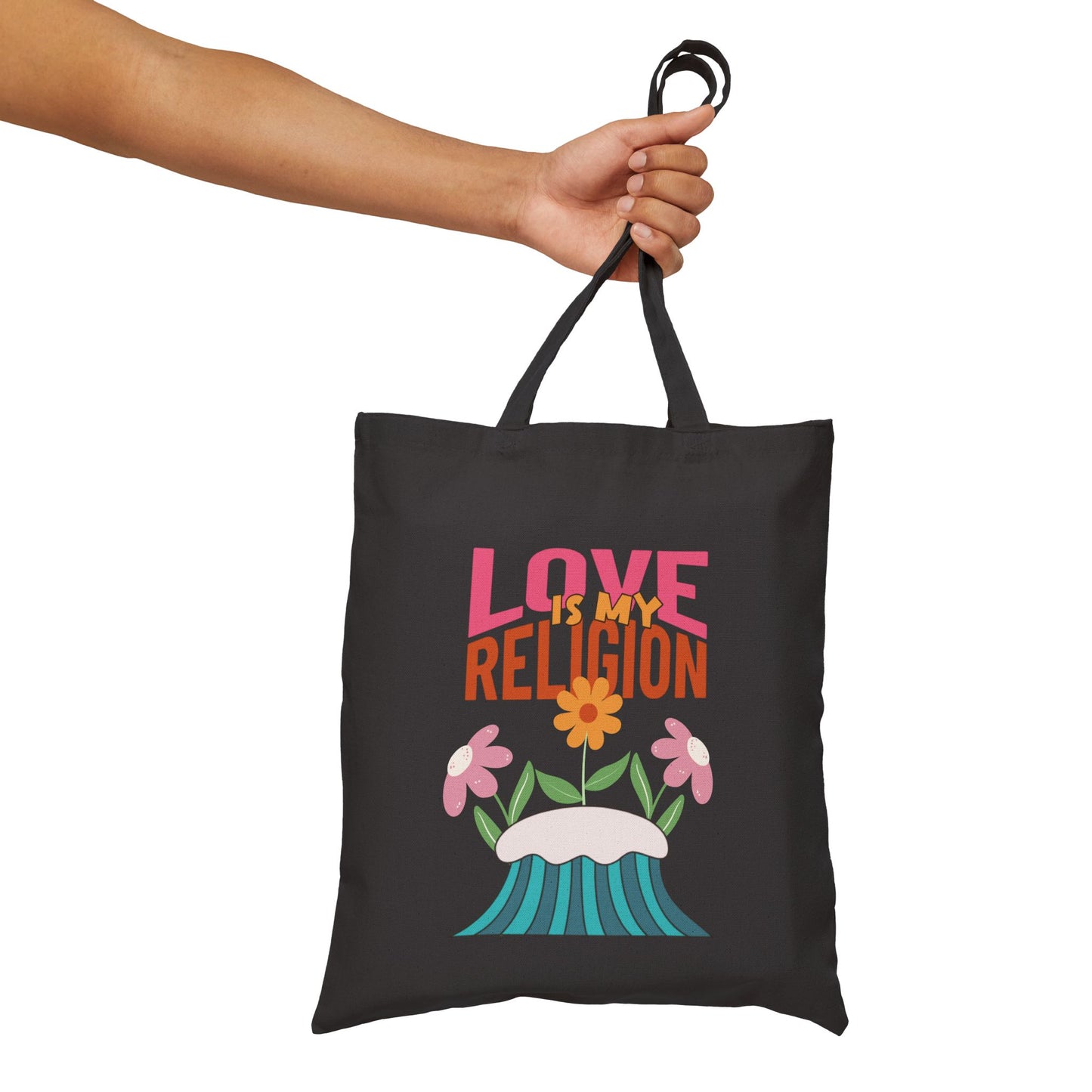 Love Is My Religion Cotton Tote — Floral Retro Canvas Bag