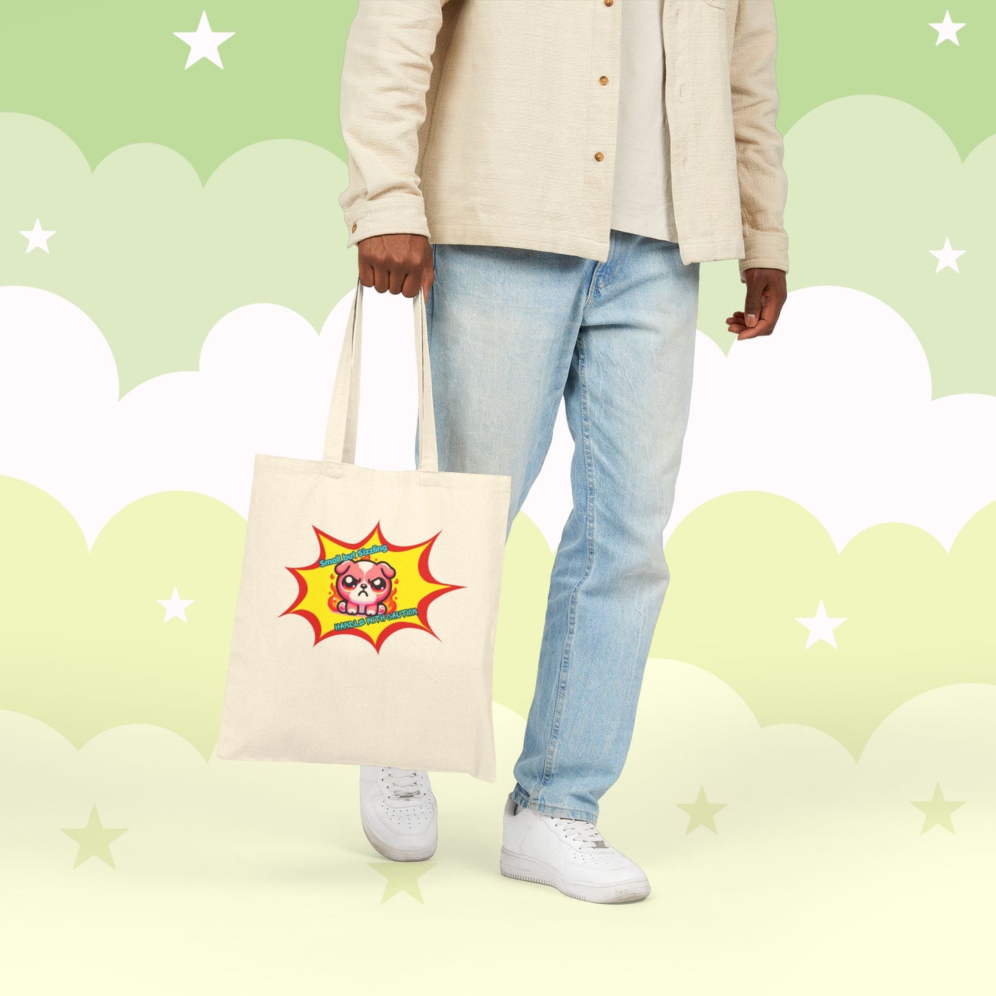 Pink Bulldog Tote Bag, "Small but Sizzling, Handle with Caution' Cute Fiery Mad Pink Emote