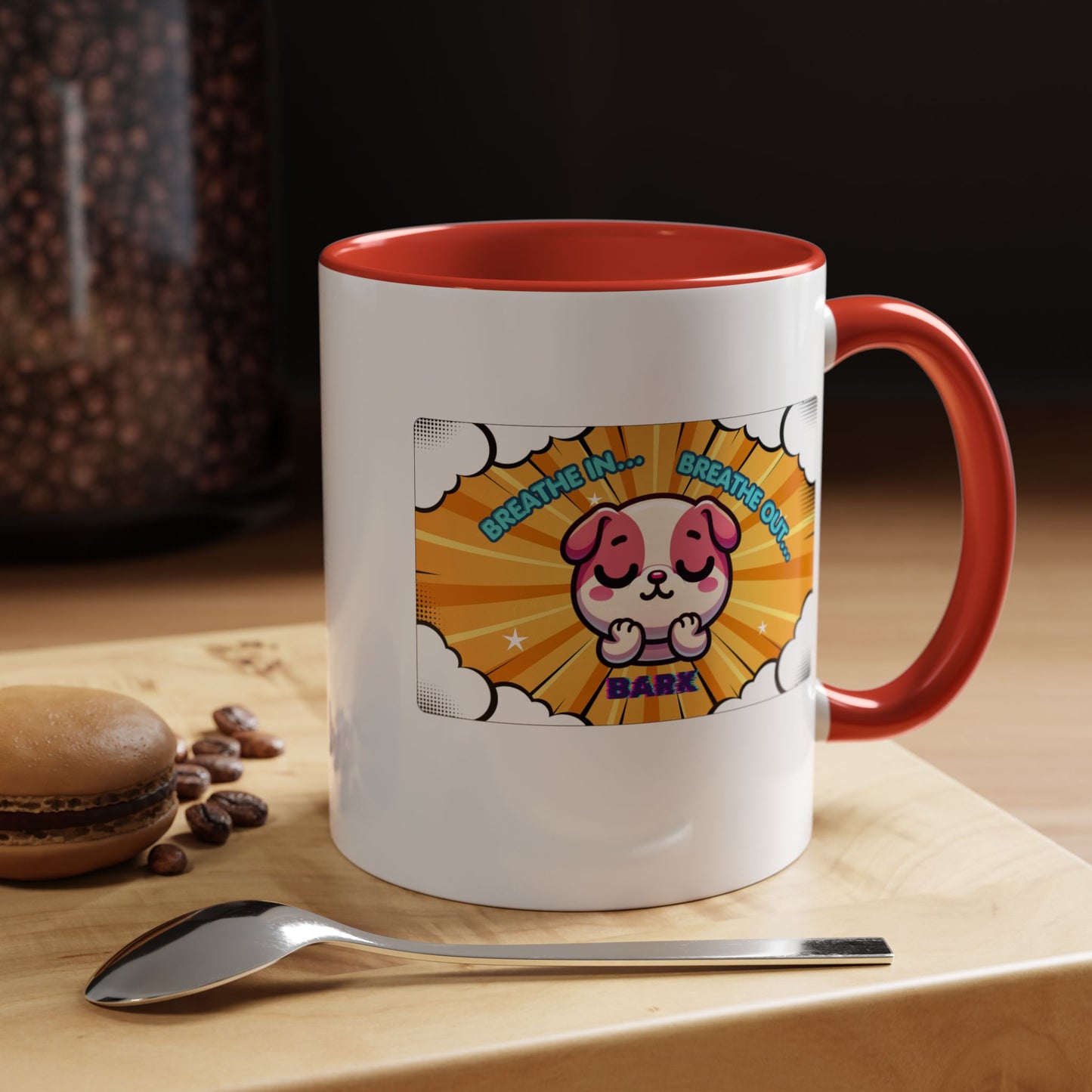 Stay Calm Pink Bulldog Kawaii Emote Coffee Mug — "Breathe In... Breathe Out... Bark"