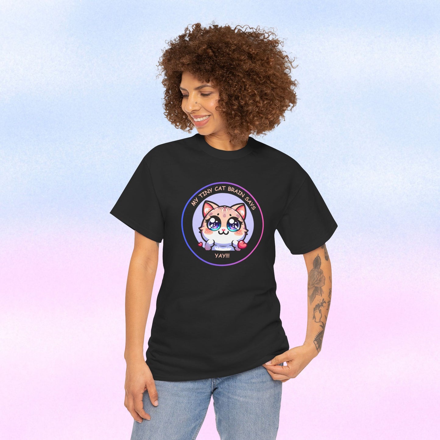Kawaii Cat Mood Emote Tee — "My Tiny Cat Brain Says, Yay!"