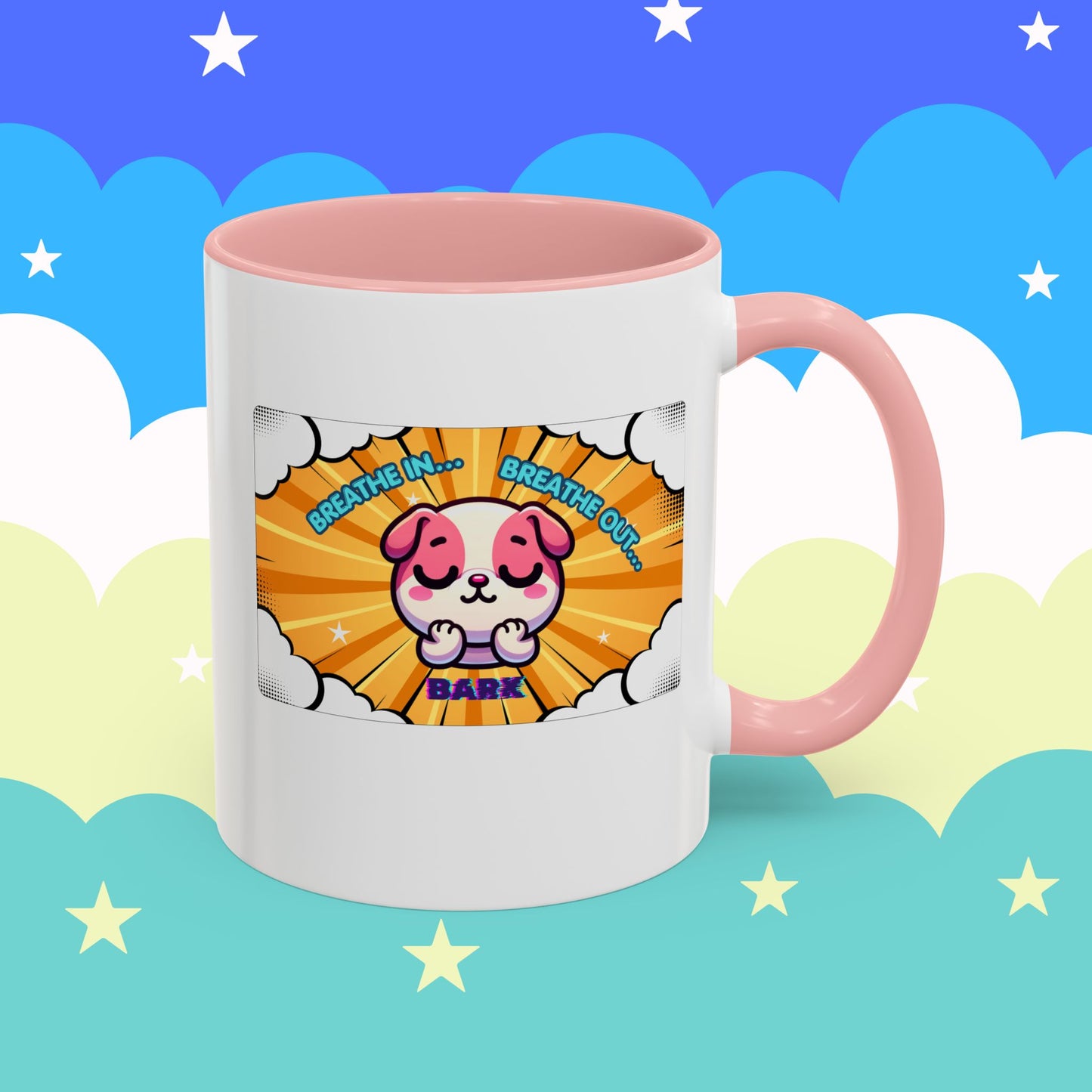 Stay Calm Pink Bulldog Kawaii Emote Coffee Mug — "Breathe In... Breathe Out... Bark"