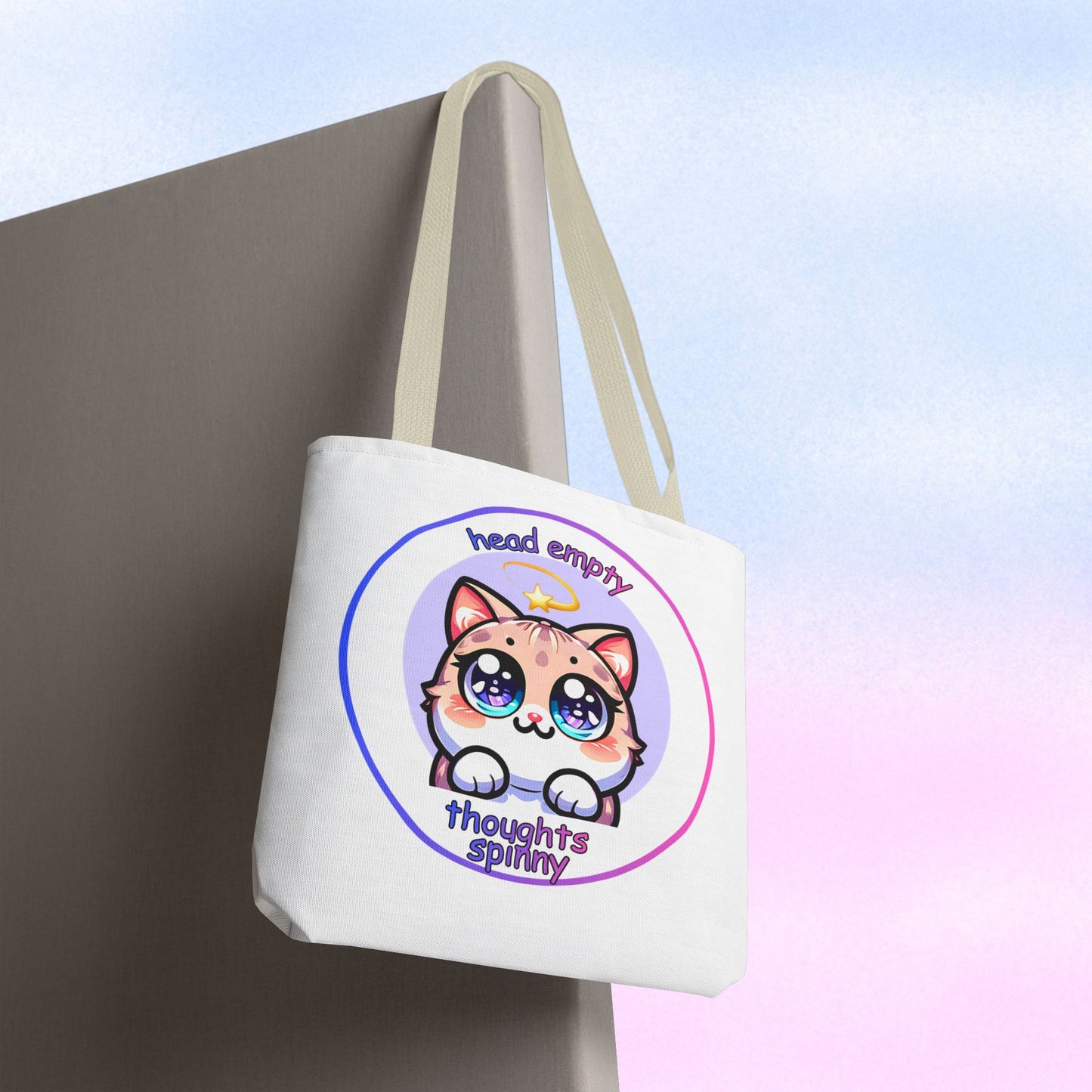 Cute Kawaii Dizzy Cat Tote Bag — "head empty. thoughts spinny."
