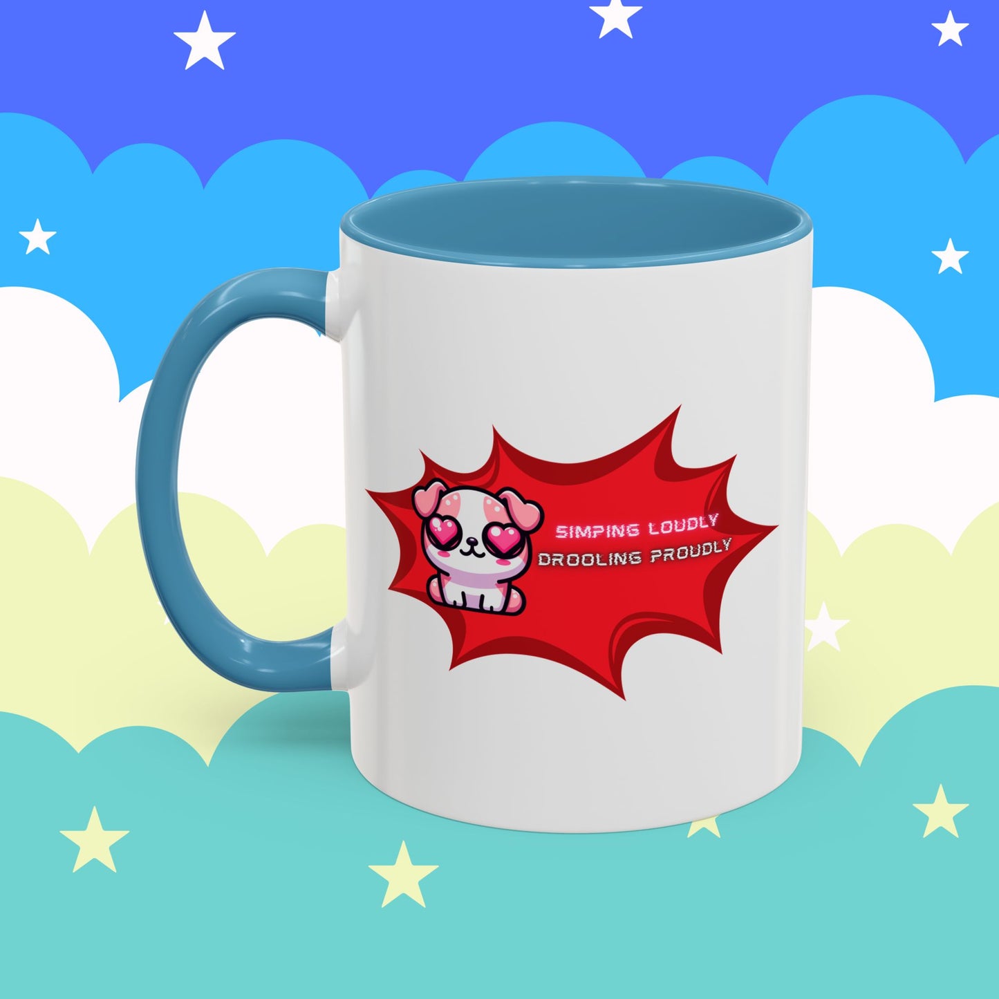 Cute Pink Bulldog Coffee Mug — “Simping Loudly, Drooling Proudly” Kawaii Heart-Eyed