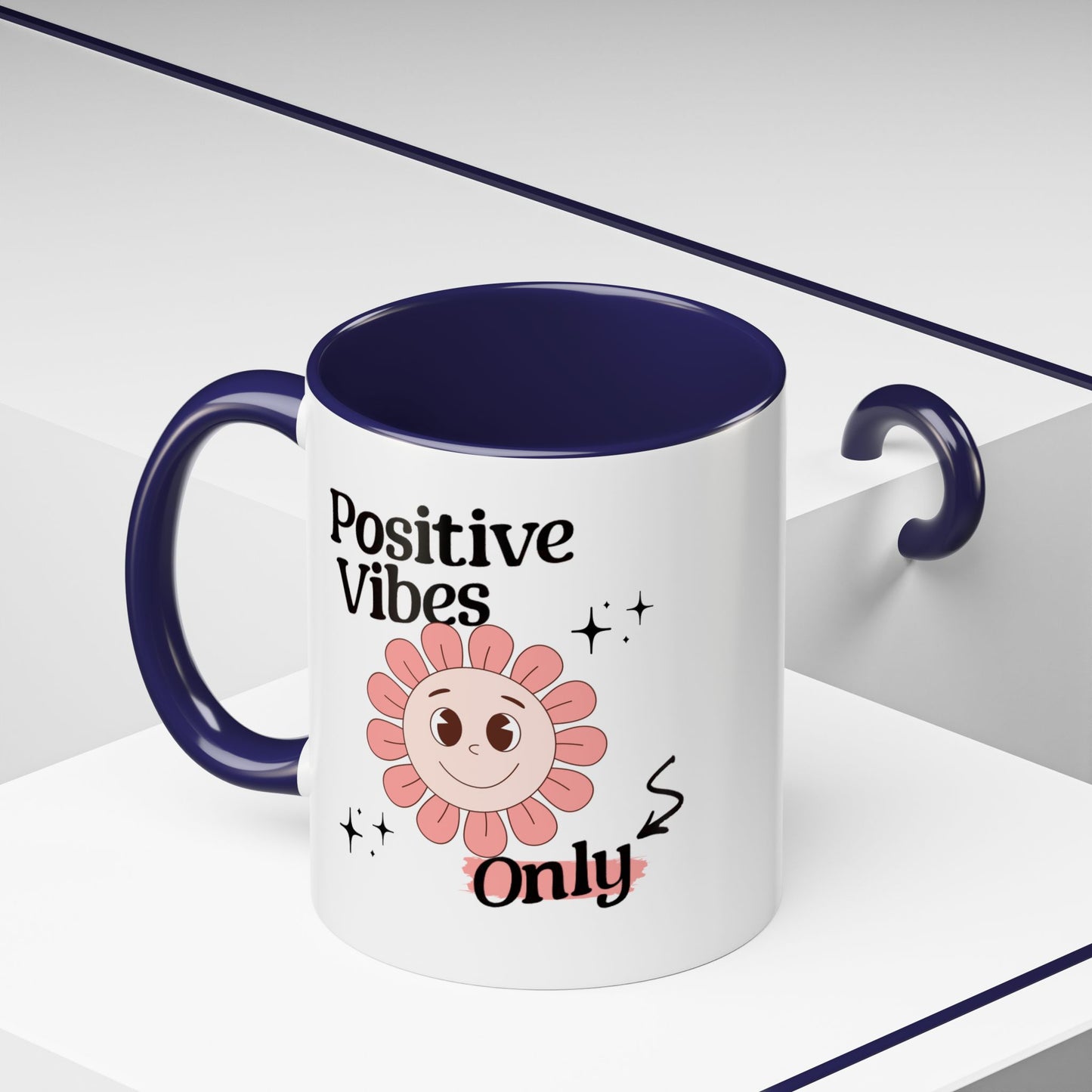 Retro Smiling Pink Flower Accent Coffee Mug — "Positive Vibes Only"