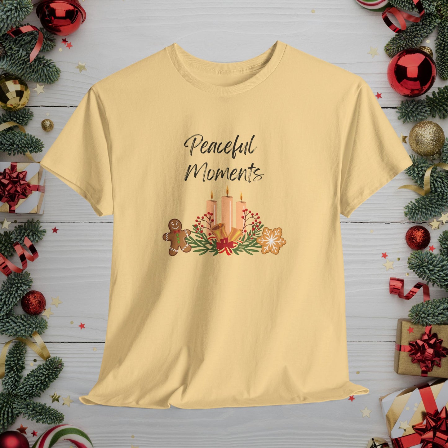 Peaceful Moments Tee — Holiday Candle & Floral Graphic T-Shirt, Cozy Christmas Aesthetic