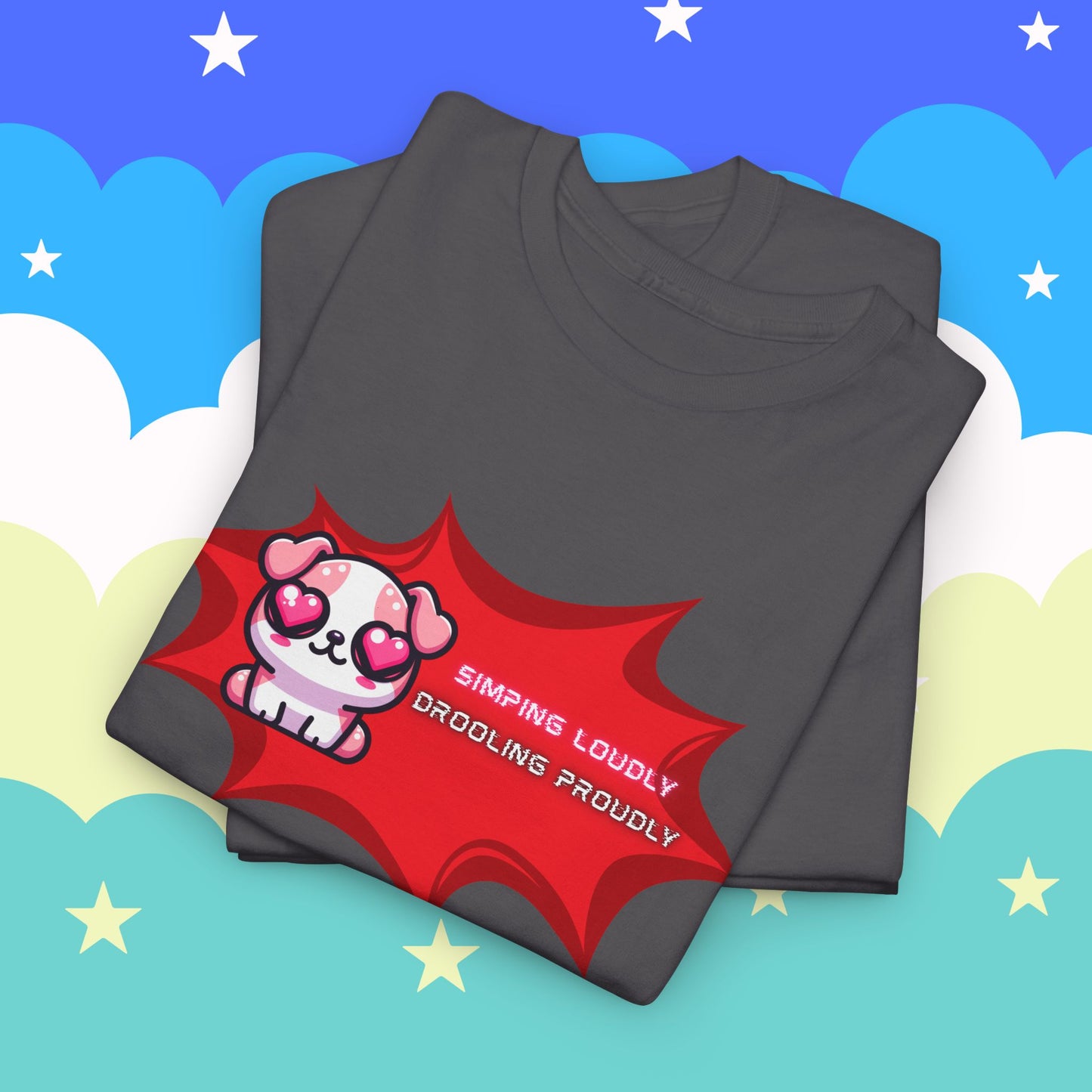 Kawaii Heart-Eyed "Simping Loudly, Drooling Proudly" Pink Bulldog T-Shirt