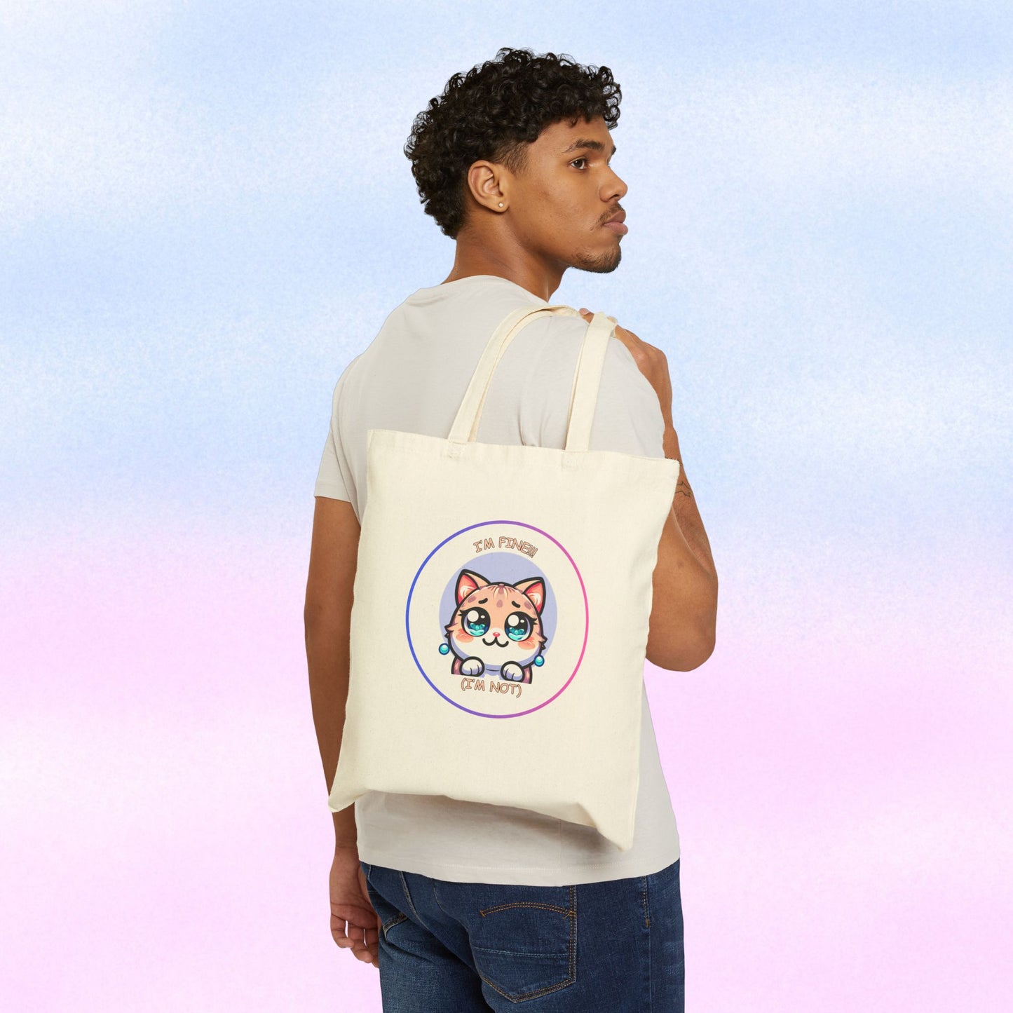 Tote Bag — Cute Kawaii Cat Meltdown Emote “I’m Fine (I’m Not)” Cotton Canvas Tote