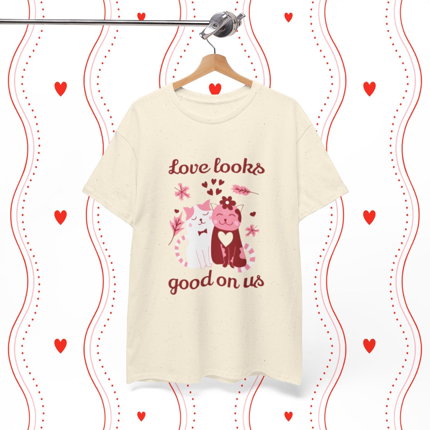 Love Looks Good On Us Tee — Romantic Cat Heart Valentine T-Shirt