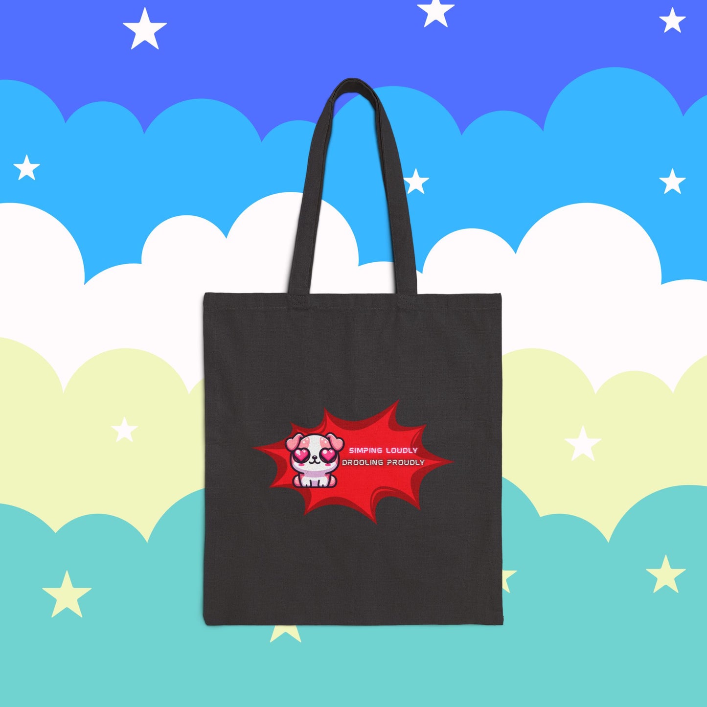 Kawaii Heart-Eyed Bulldog Tote — “Simping Loudly, Drooling Proudly” Cotton Canvas Bag