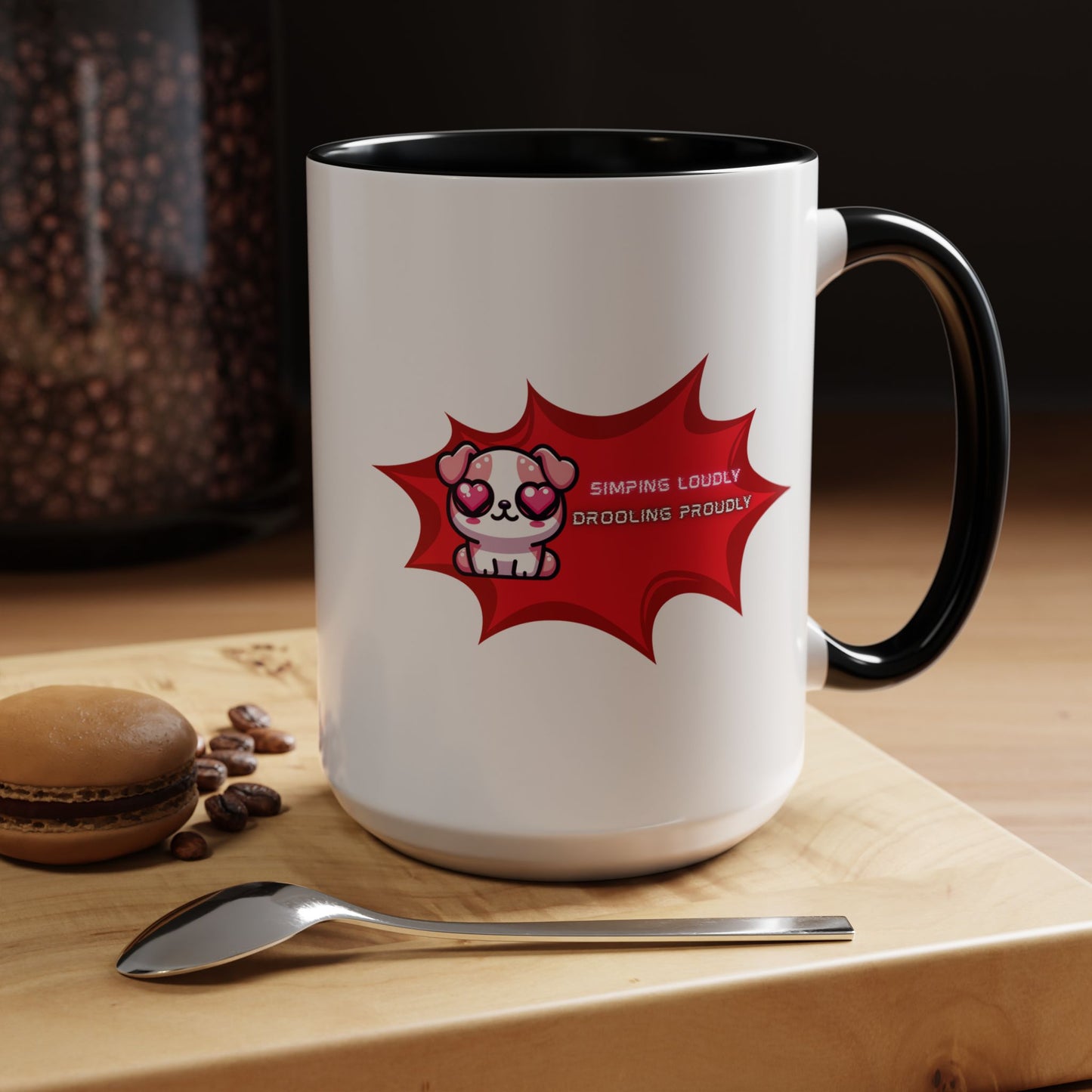 Cute Pink Bulldog Coffee Mug — “Simping Loudly, Drooling Proudly” Kawaii Heart-Eyed
