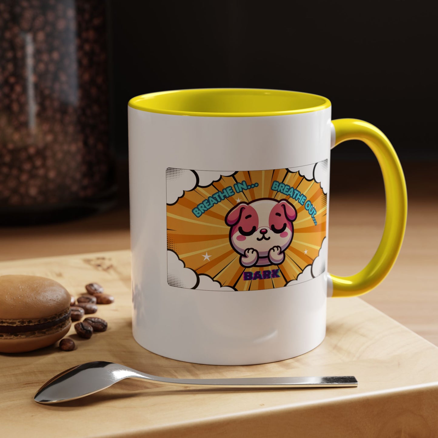 Stay Calm Pink Bulldog Kawaii Emote Coffee Mug — "Breathe In... Breathe Out... Bark"