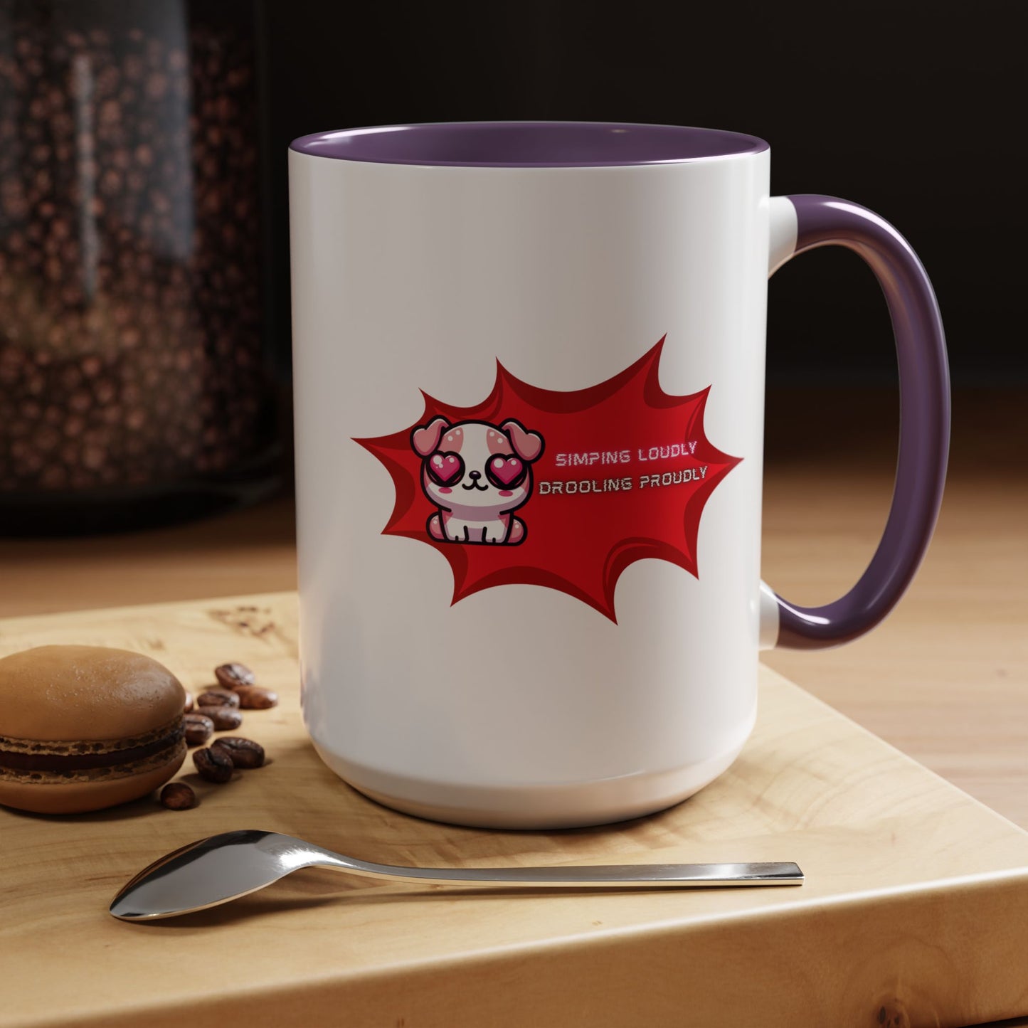 Cute Pink Bulldog Coffee Mug — “Simping Loudly, Drooling Proudly” Kawaii Heart-Eyed