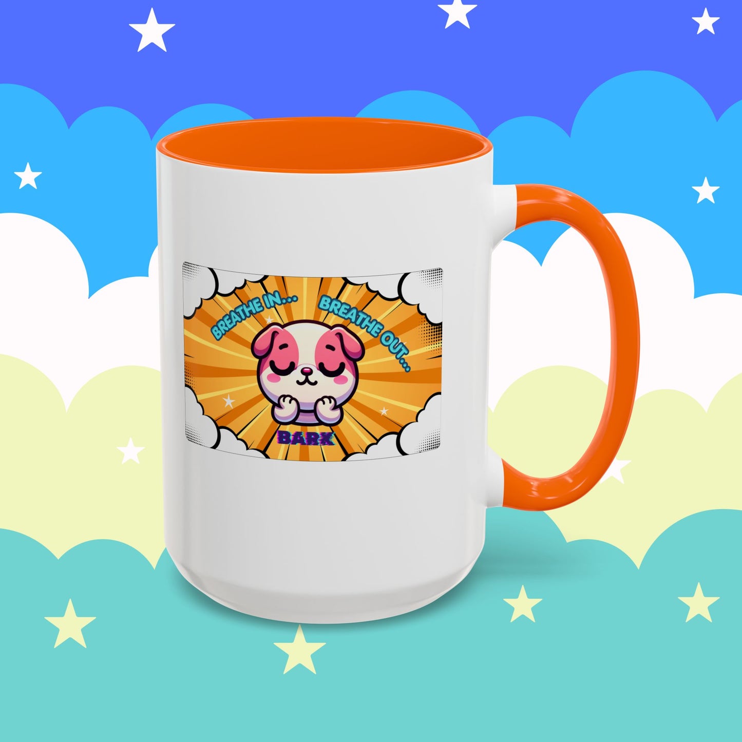 Stay Calm Pink Bulldog Kawaii Emote Coffee Mug — "Breathe In... Breathe Out... Bark"