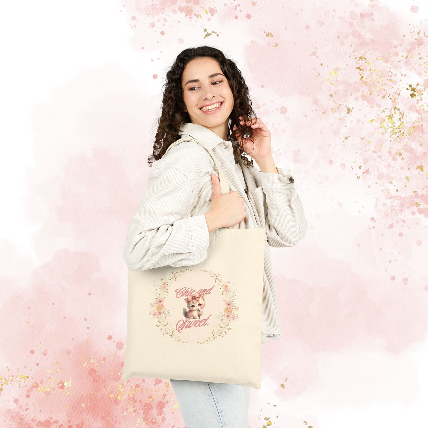 Chic & Sweet - Blushing Kitten Valentine Floral Wreath Tote Bag | Cute Kitten Animal Illustration