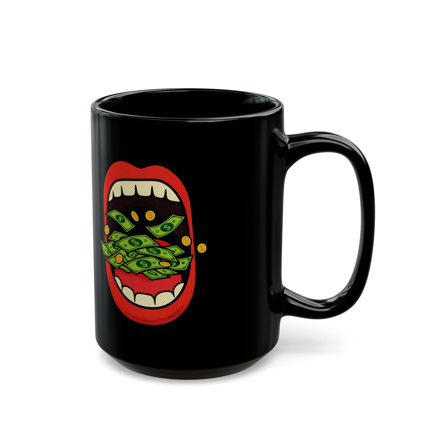 Money Mouth Mug — "Eating Prosperity" Black Coffee Cup with Cash-Throwing Lips (11oz, 15oz)