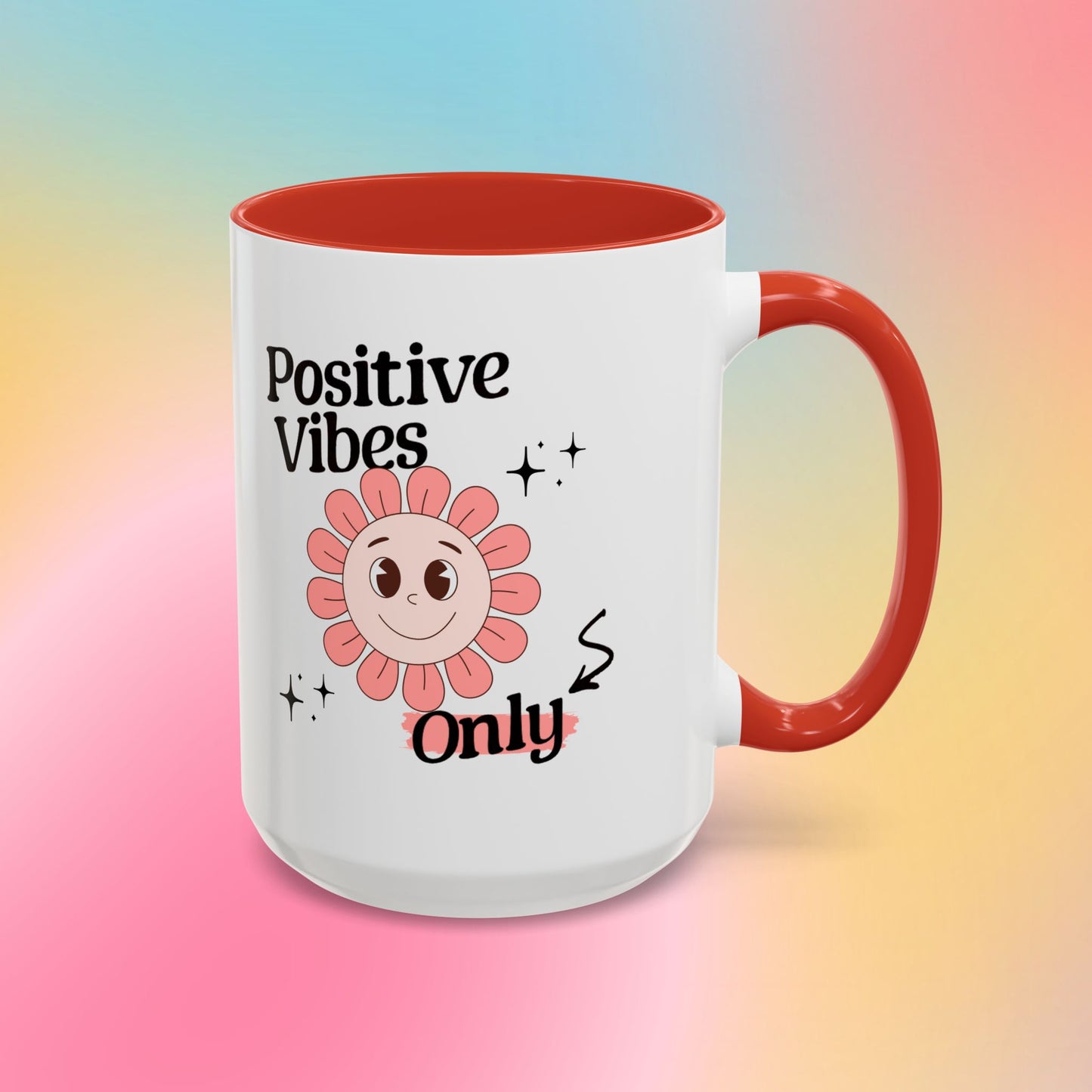Retro Smiling Pink Flower Accent Coffee Mug — "Positive Vibes Only"