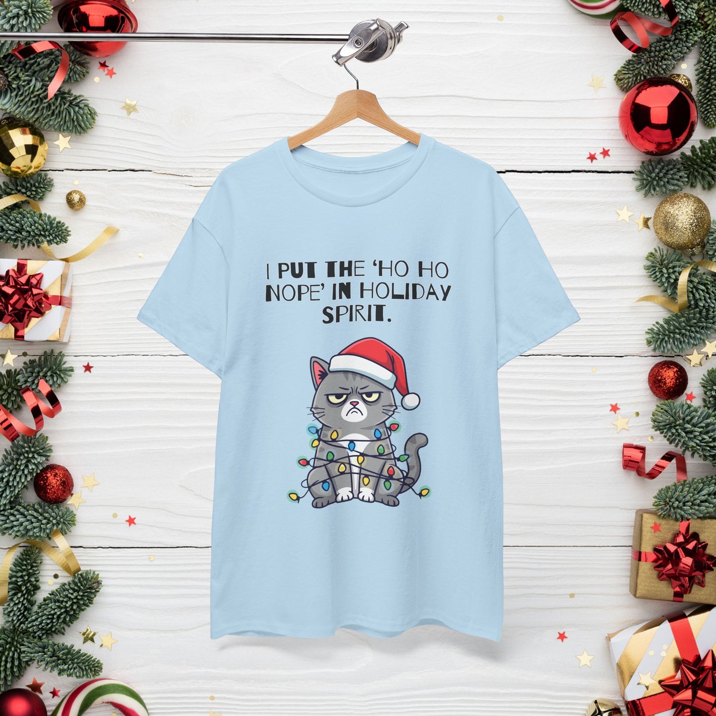 Grumpy Cat Christmas T-Shirt – "I Put the 'Ho Ho Nope' in Holiday Spirit"
