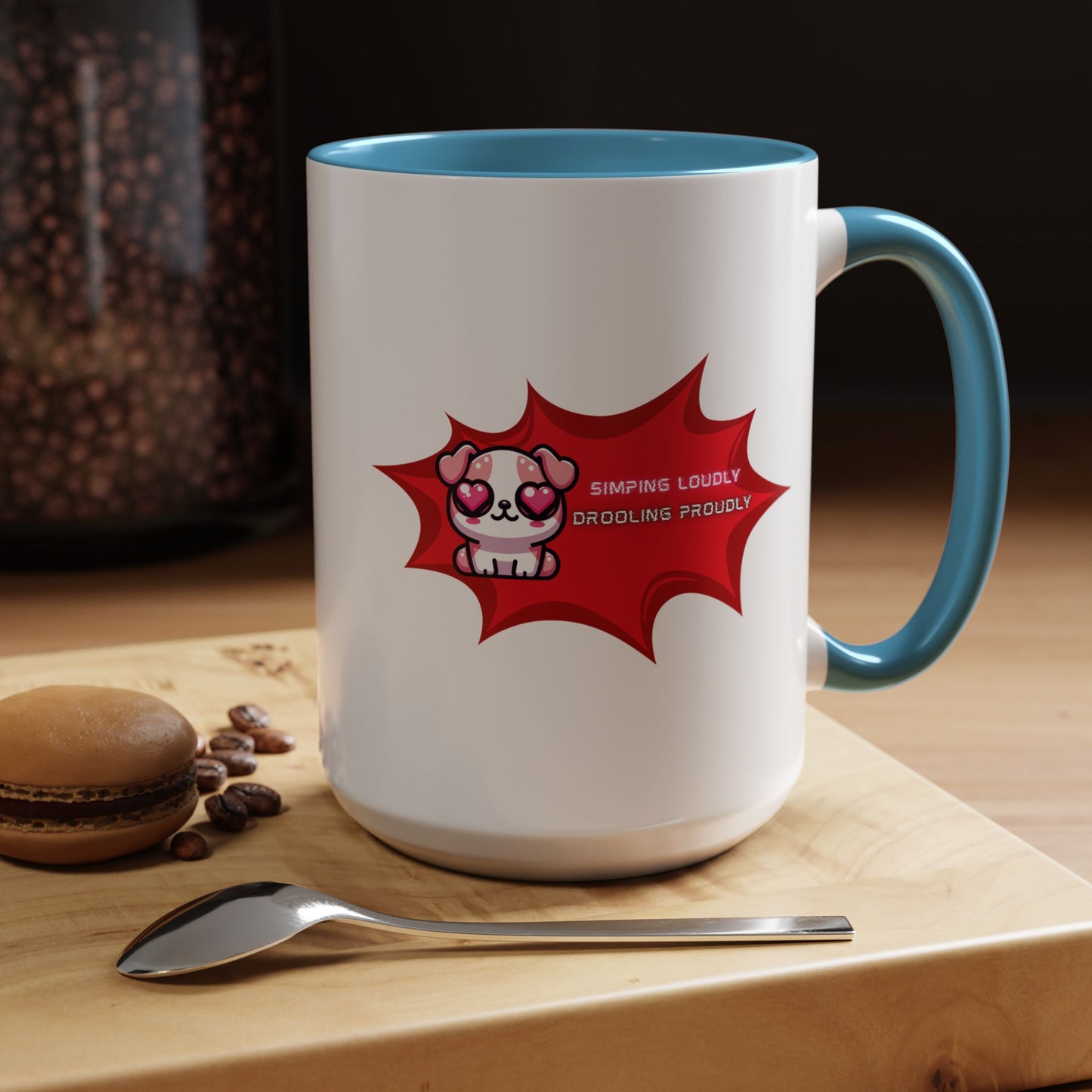 Cute Pink Bulldog Coffee Mug — “Simping Loudly, Drooling Proudly” Kawaii Heart-Eyed