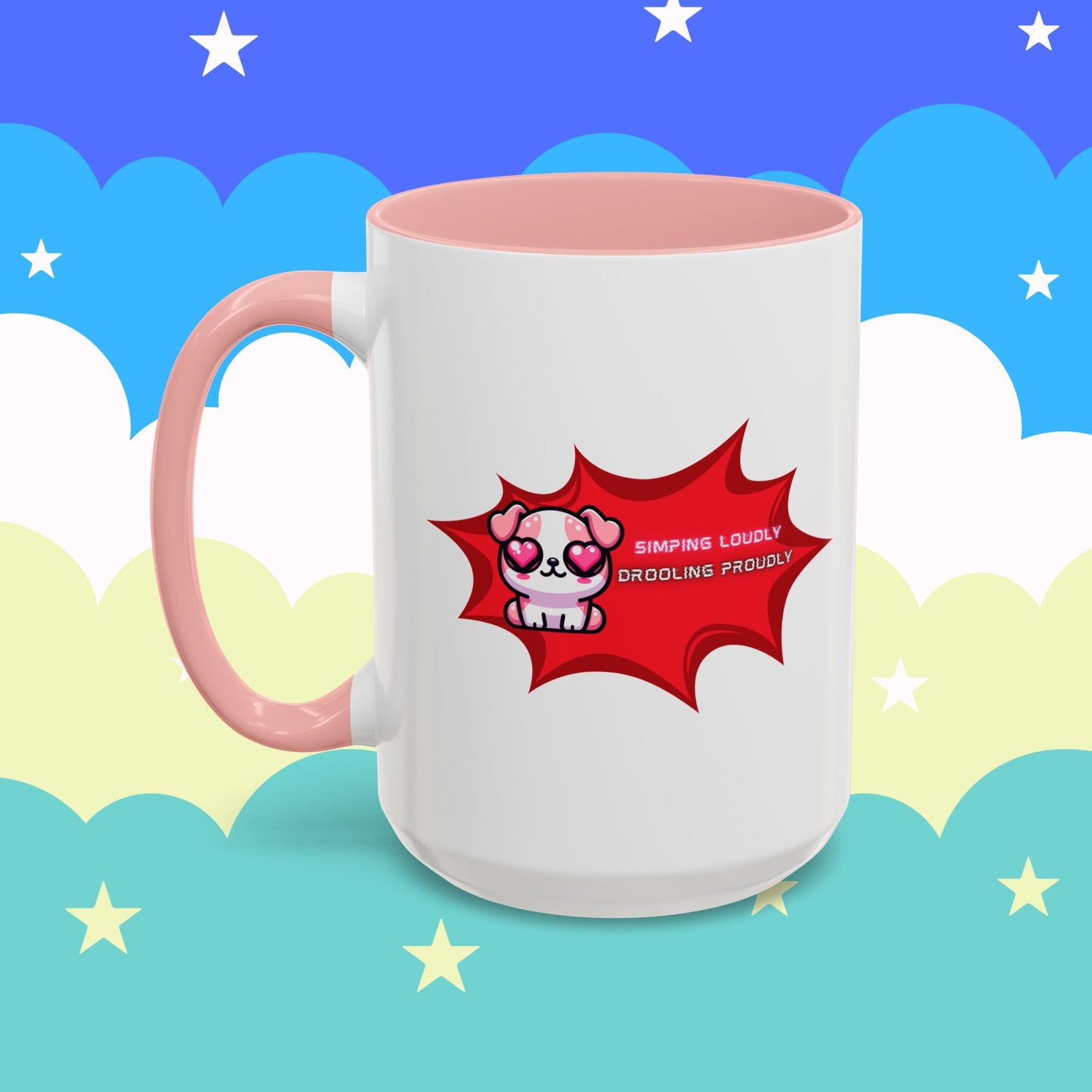 Cute Pink Bulldog Coffee Mug — “Simping Loudly, Drooling Proudly” Kawaii Heart-Eyed