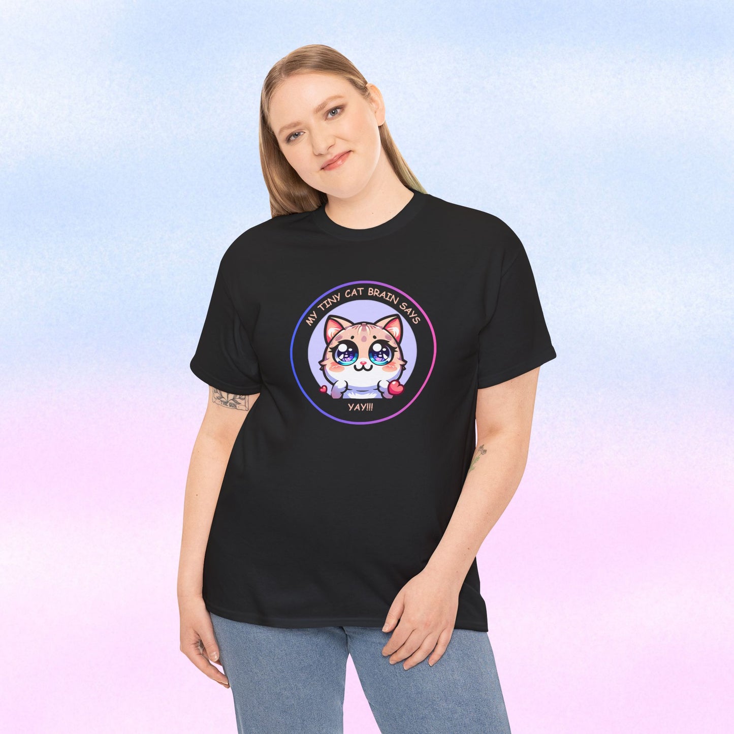 Kawaii Cat Mood Emote Tee — "My Tiny Cat Brain Says, Yay!"