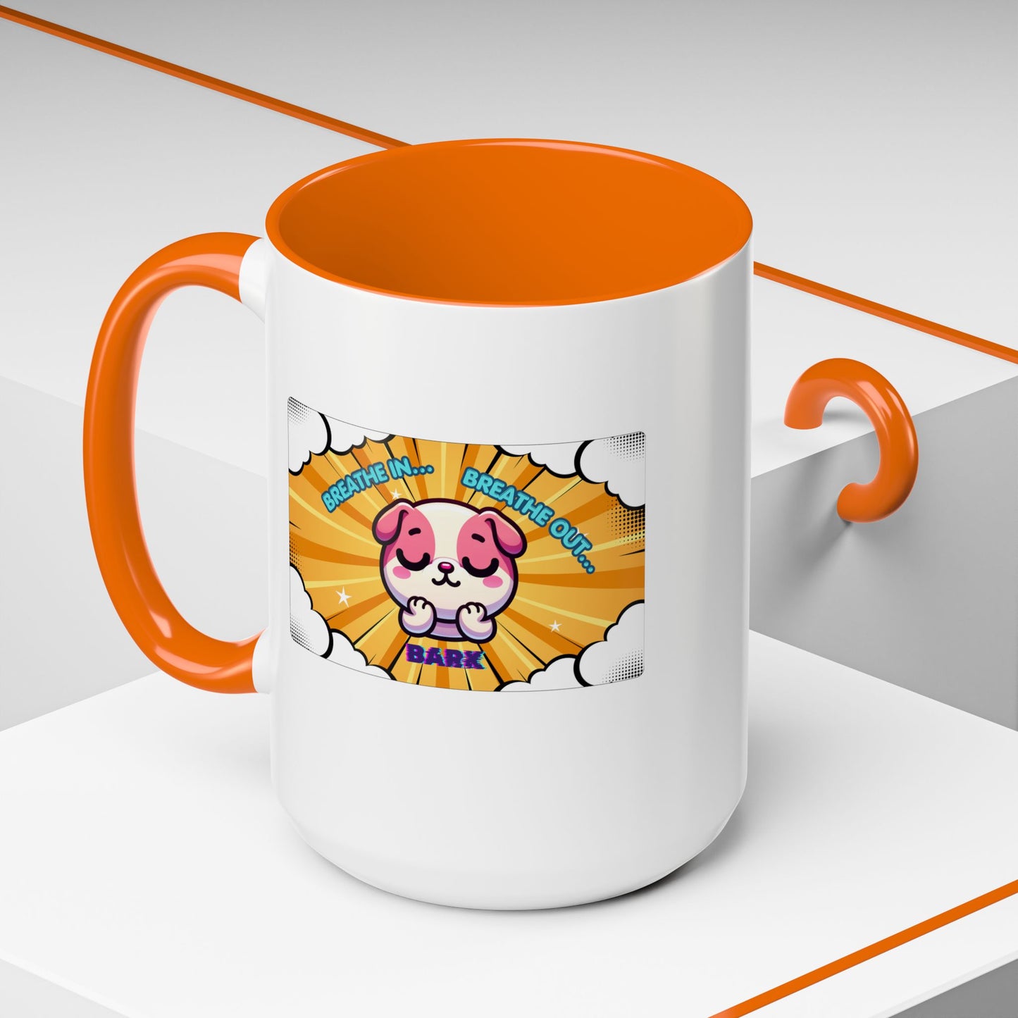 Stay Calm Pink Bulldog Kawaii Emote Coffee Mug — "Breathe In... Breathe Out... Bark"