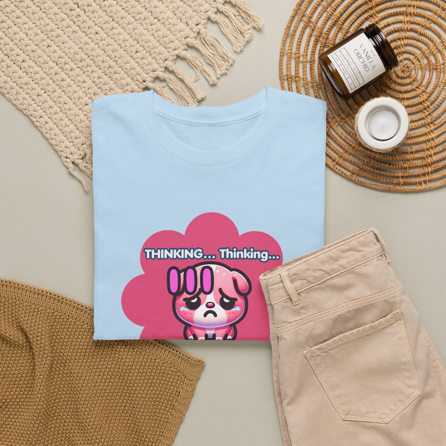 Contemplating Pink Bulldog Emote "Thinking... Still Thinking!" MoodT-Shirt