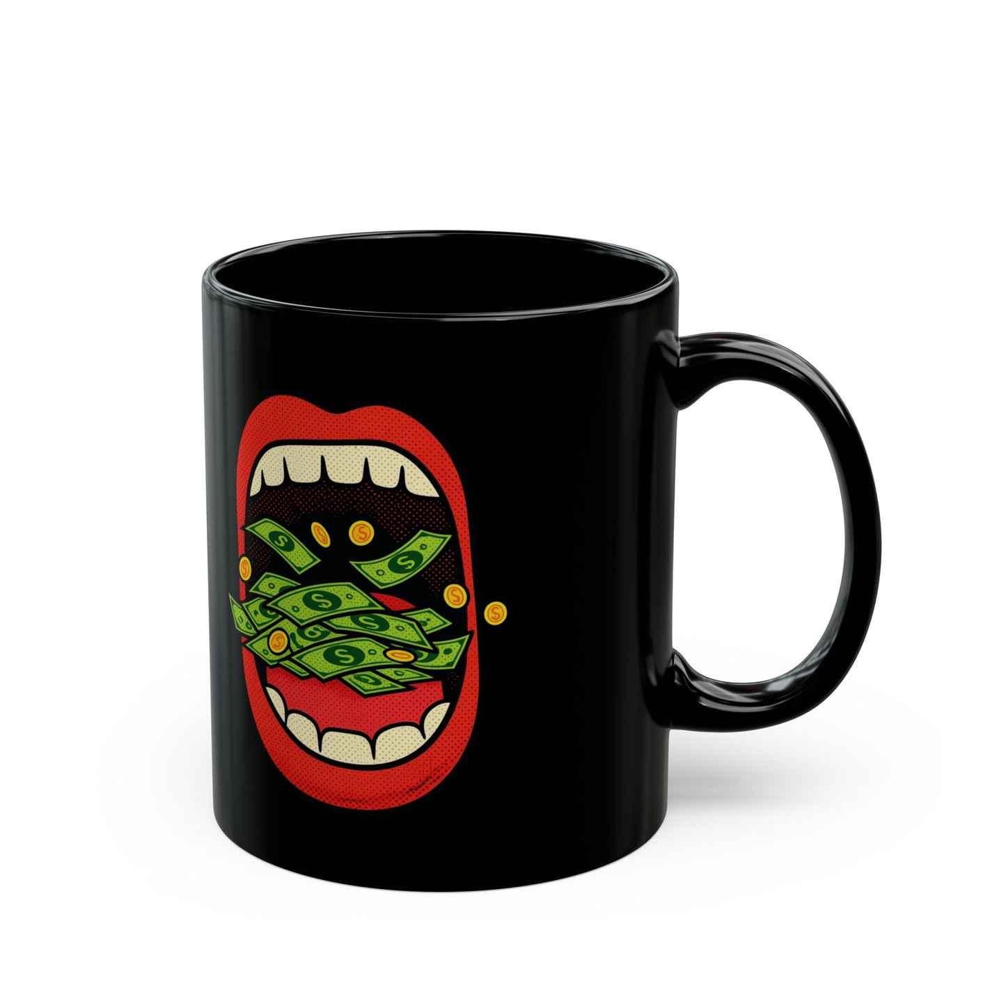 Money Mouth Mug — "Eating Prosperity" Black Coffee Cup with Cash-Throwing Lips (11oz, 15oz)