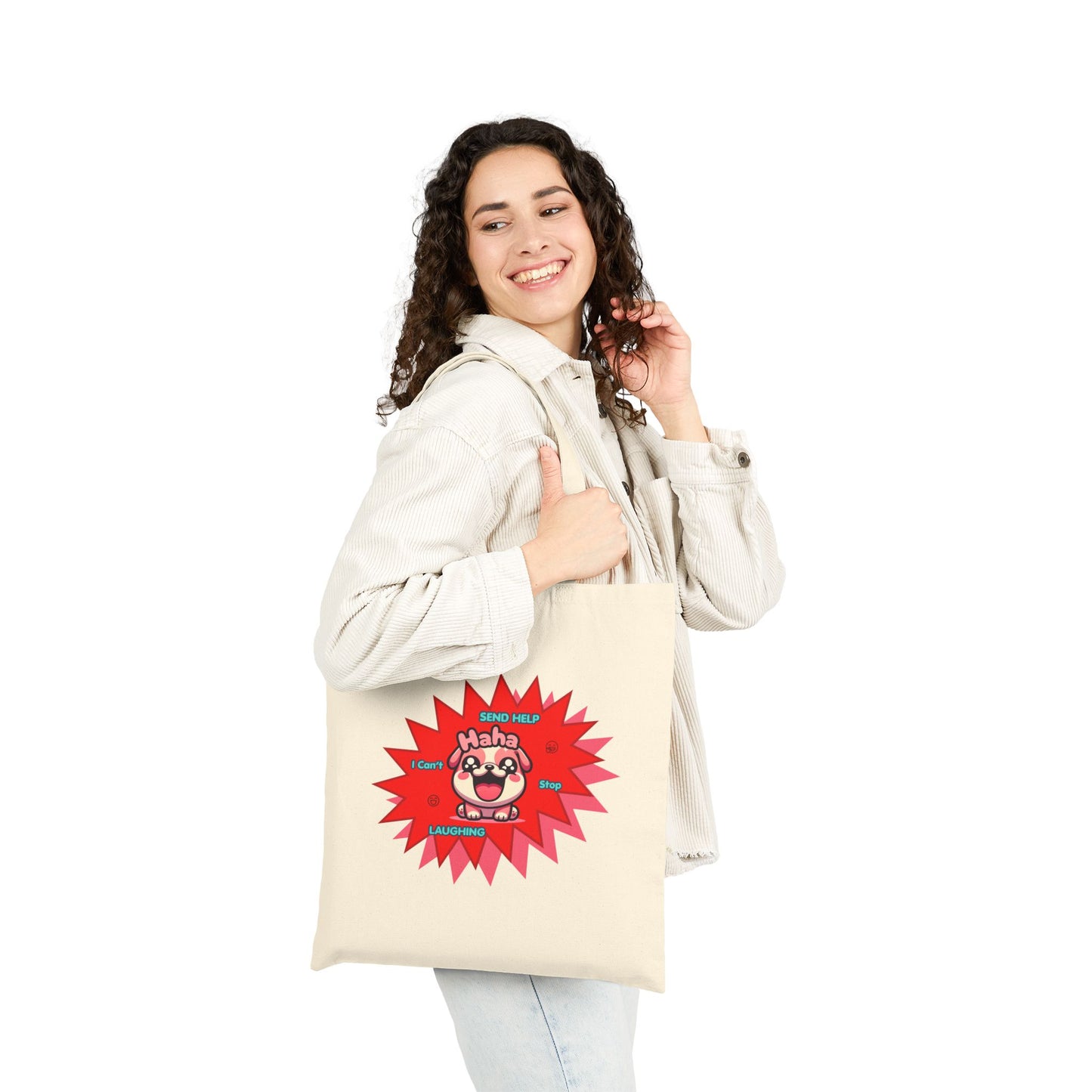 Canvas Tote Bag — Laughing Pink Bulldog "Send Help, I Can't Stop Laughing"