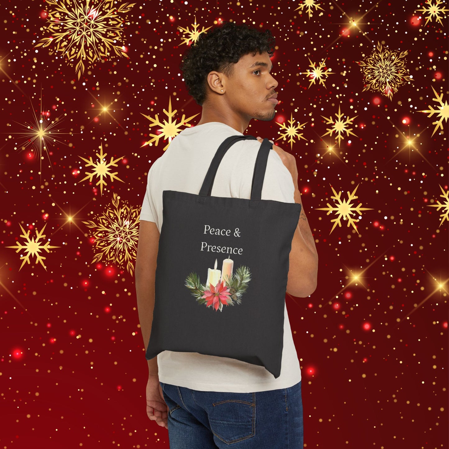 Tote Bag — "Peace & Presence" Holiday Candle Poinsettia Canvas Tote, Cozy Christmas Aesthetic