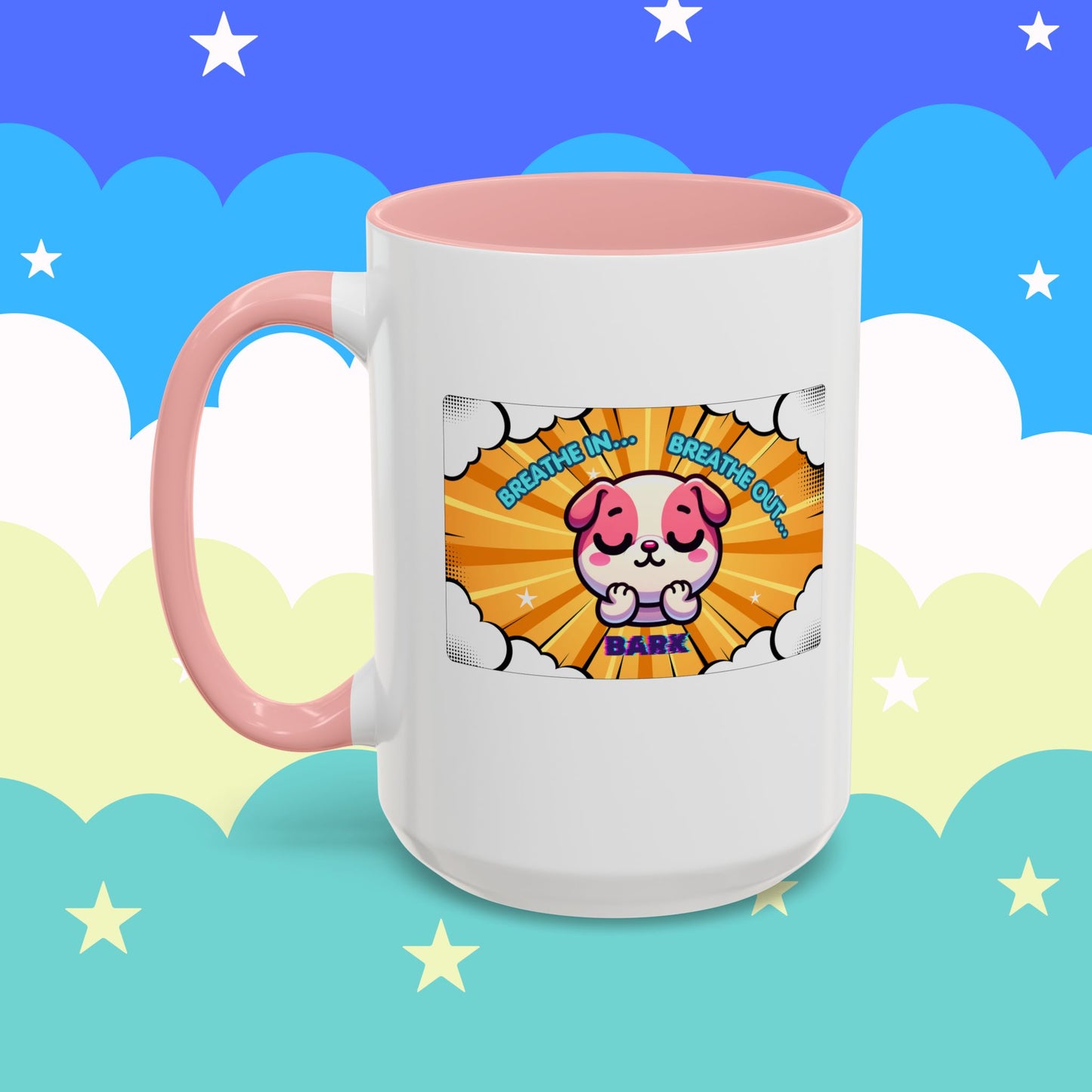 Stay Calm Pink Bulldog Kawaii Emote Coffee Mug — "Breathe In... Breathe Out... Bark"