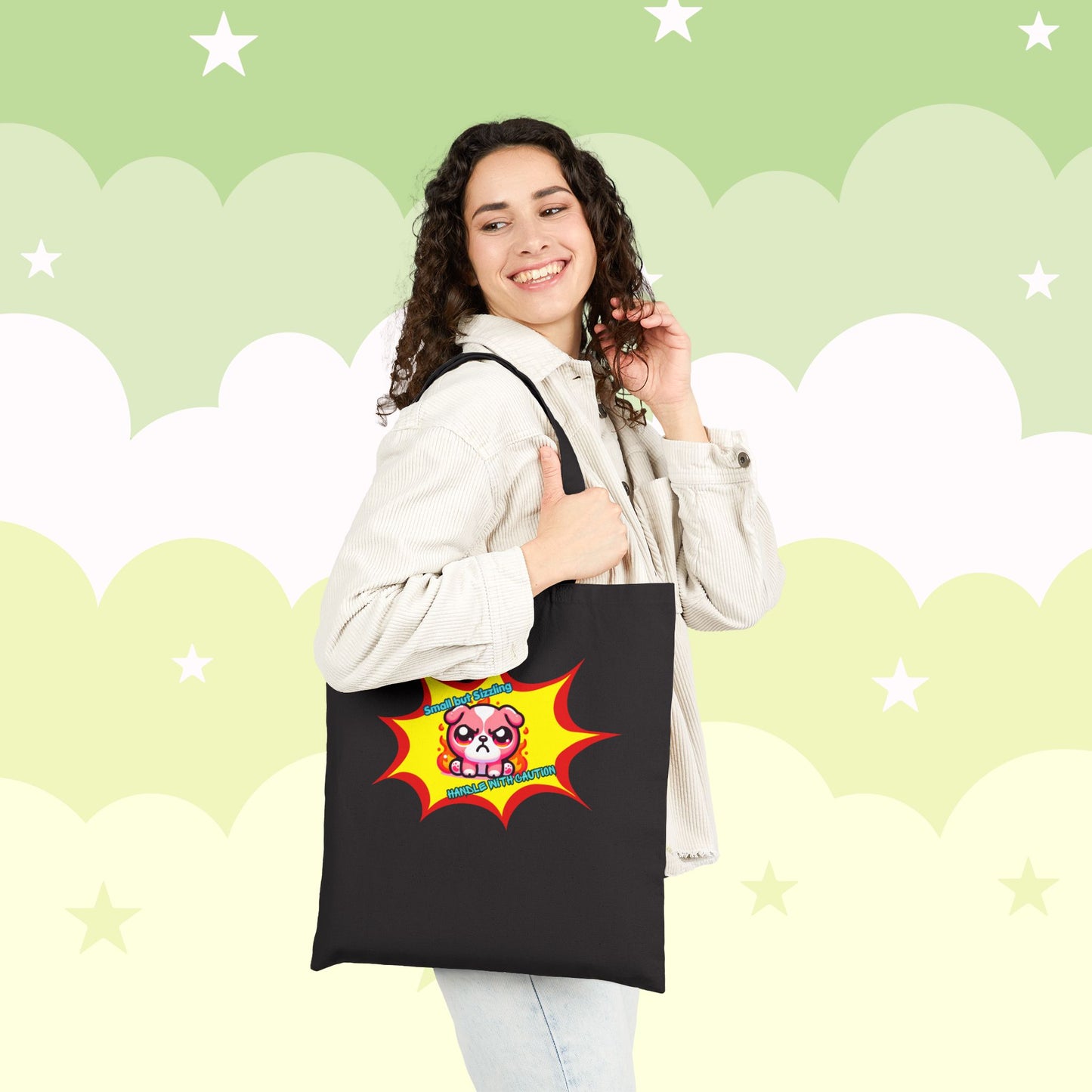 Pink Bulldog Tote Bag, "Small but Sizzling, Handle with Caution' Cute Fiery Mad Pink Emote