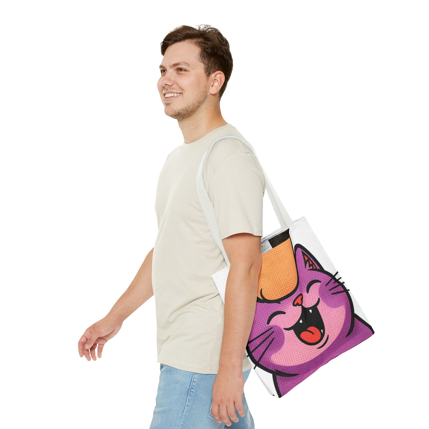 Happy Purple Cat Tote Bag — Cute Kawaii Cat Face AOP Tote