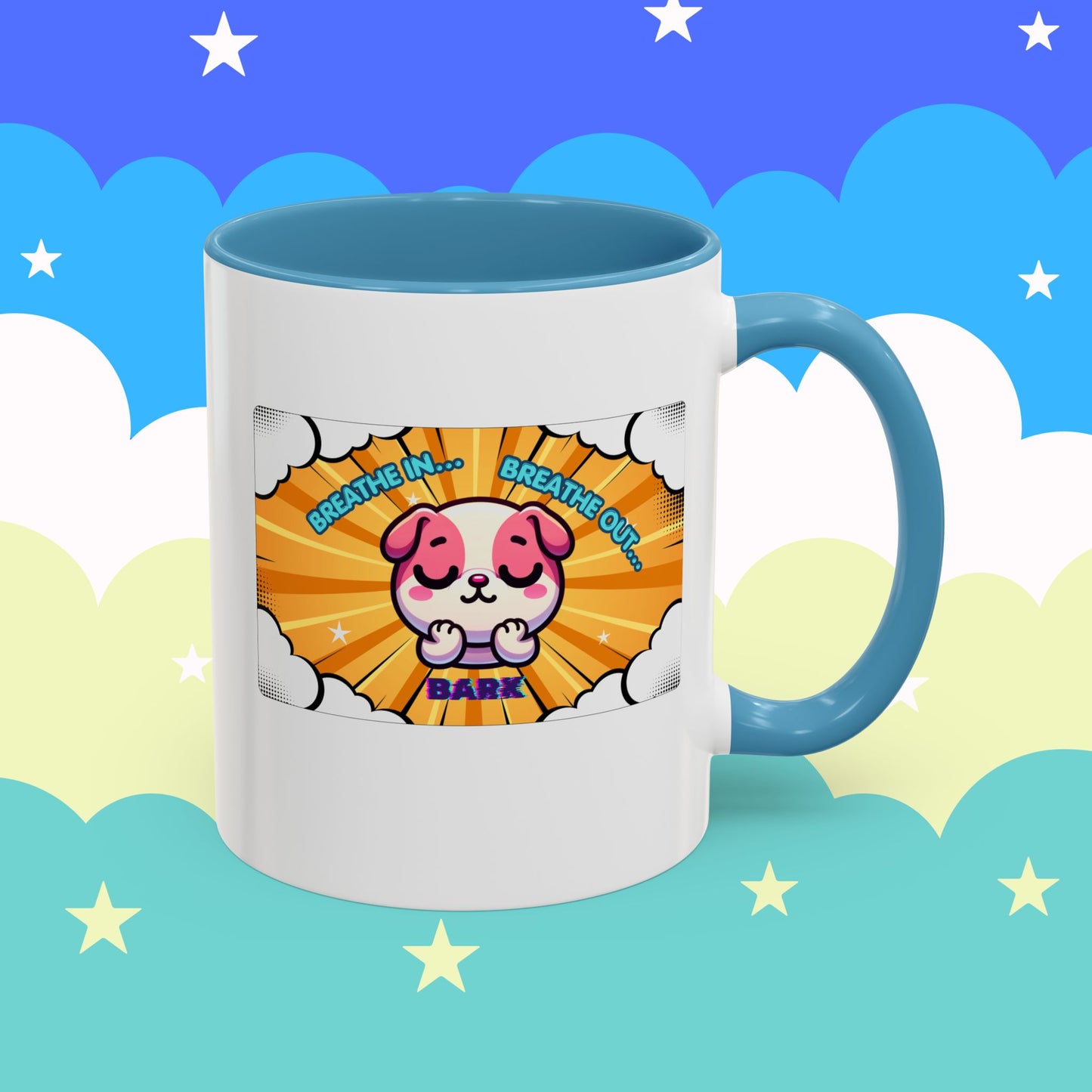 Stay Calm Pink Bulldog Kawaii Emote Coffee Mug — "Breathe In... Breathe Out... Bark"