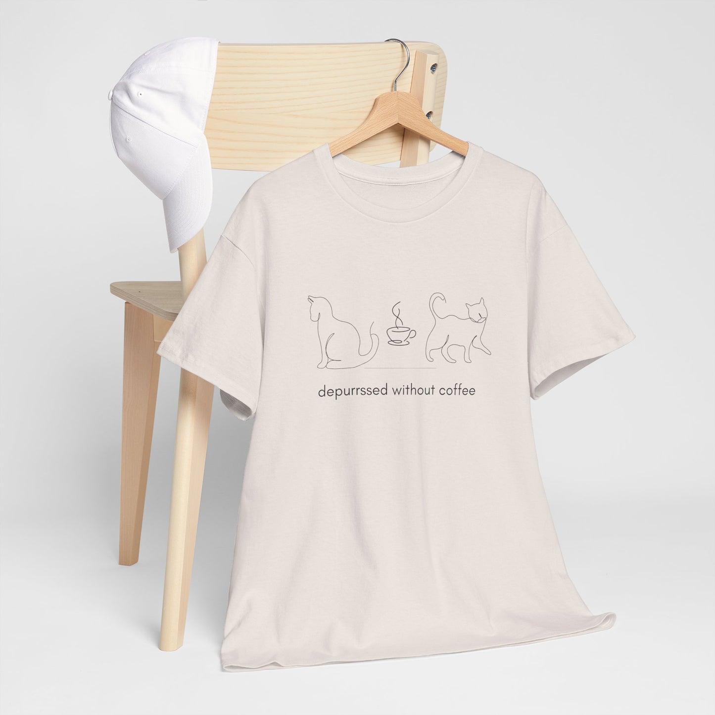 Depurrssed Without Coffee — Minimalist Caffeine Tee, Coffee Cat T‑Shirt