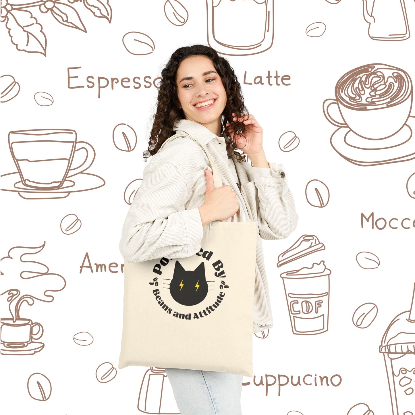 Powered By Beans and Attitude Tote Bag | Coffee Cat Illustration