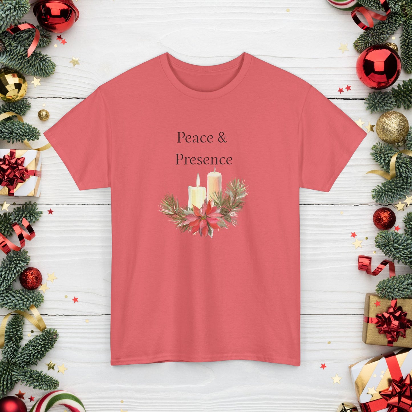 Peace & Presence Cozy Tee — Holiday Floral Christmas T‑Shirt, Cozy Christmas Aesthetic