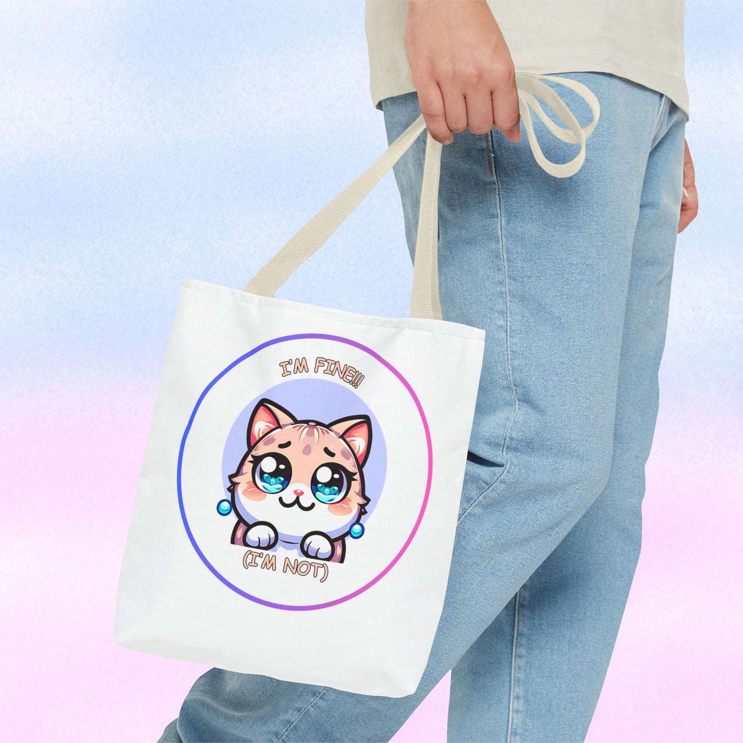 Cute Kawaii Cat Meltdown Emote Tote Bag — "I’m Fine(I'm Not)" Graphic Tote