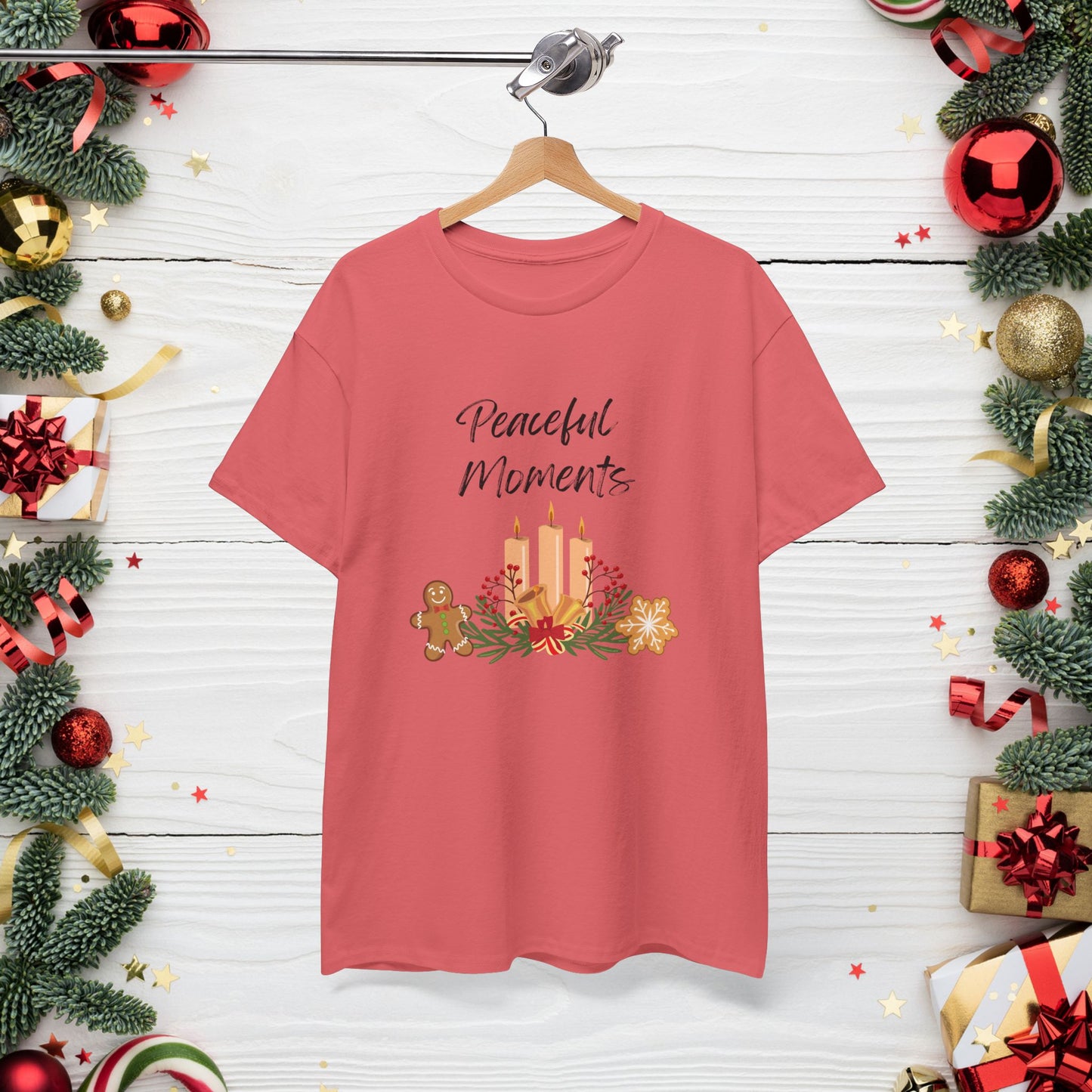 Peaceful Moments Tee — Holiday Candle & Floral Graphic T-Shirt, Cozy Christmas Aesthetic