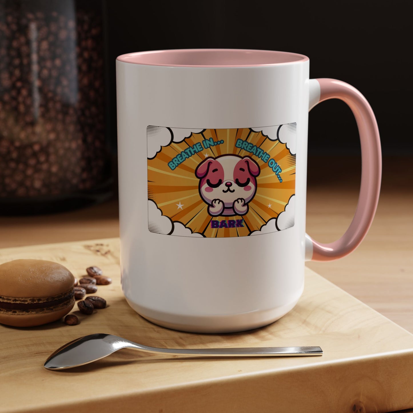 Stay Calm Pink Bulldog Kawaii Emote Coffee Mug — "Breathe In... Breathe Out... Bark"