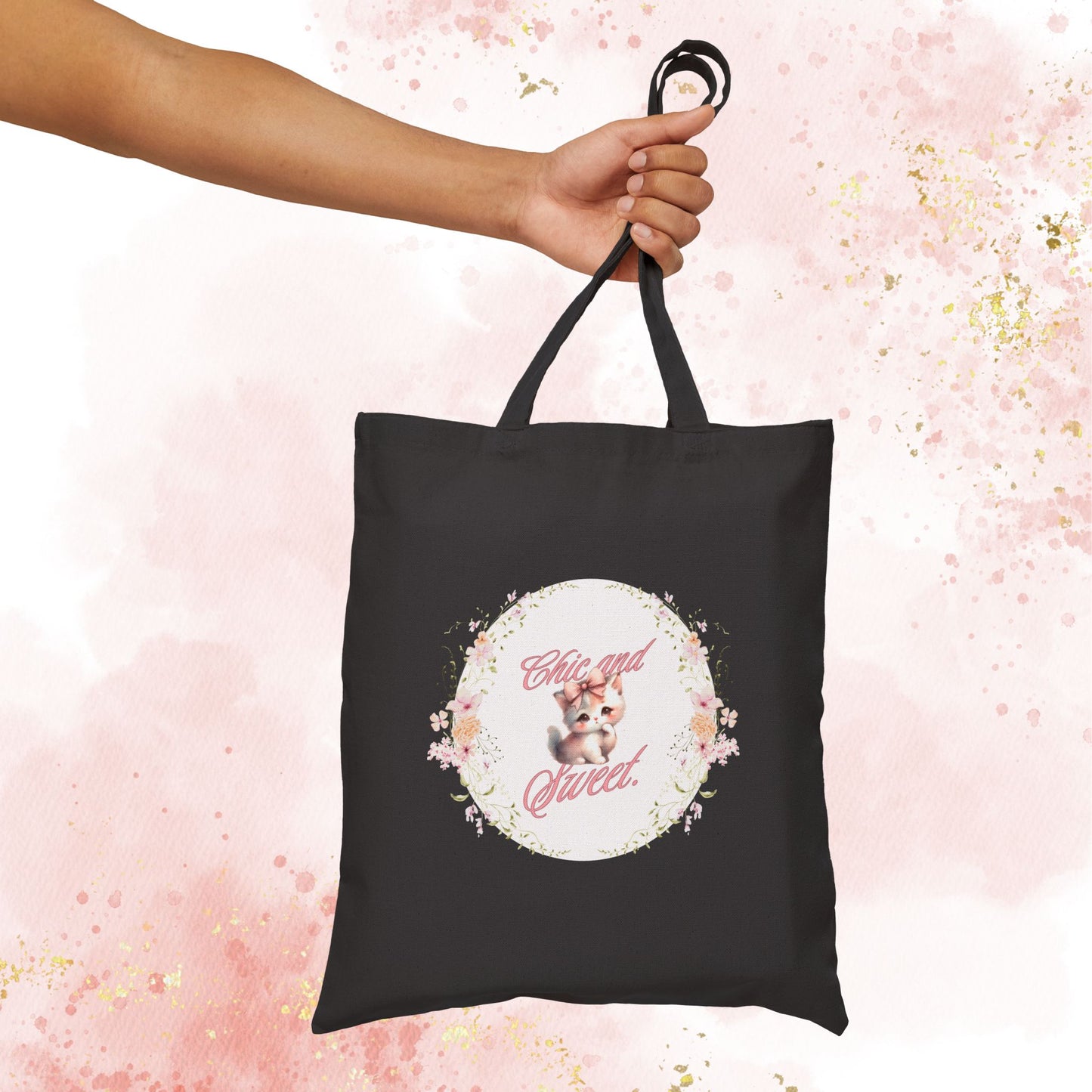 Chic & Sweet - Blushing Kitten Valentine Floral Wreath Tote Bag | Cute Kitten Animal Illustration
