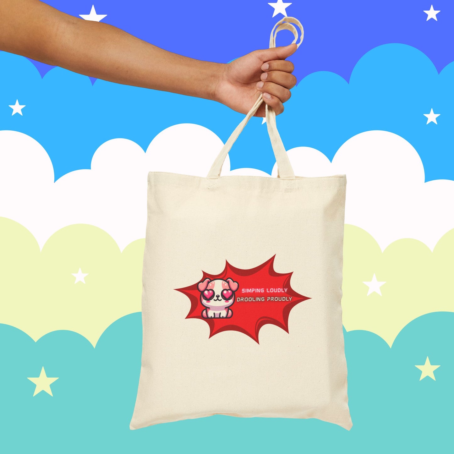 Kawaii Heart-Eyed Bulldog Tote — “Simping Loudly, Drooling Proudly” Cotton Canvas Bag