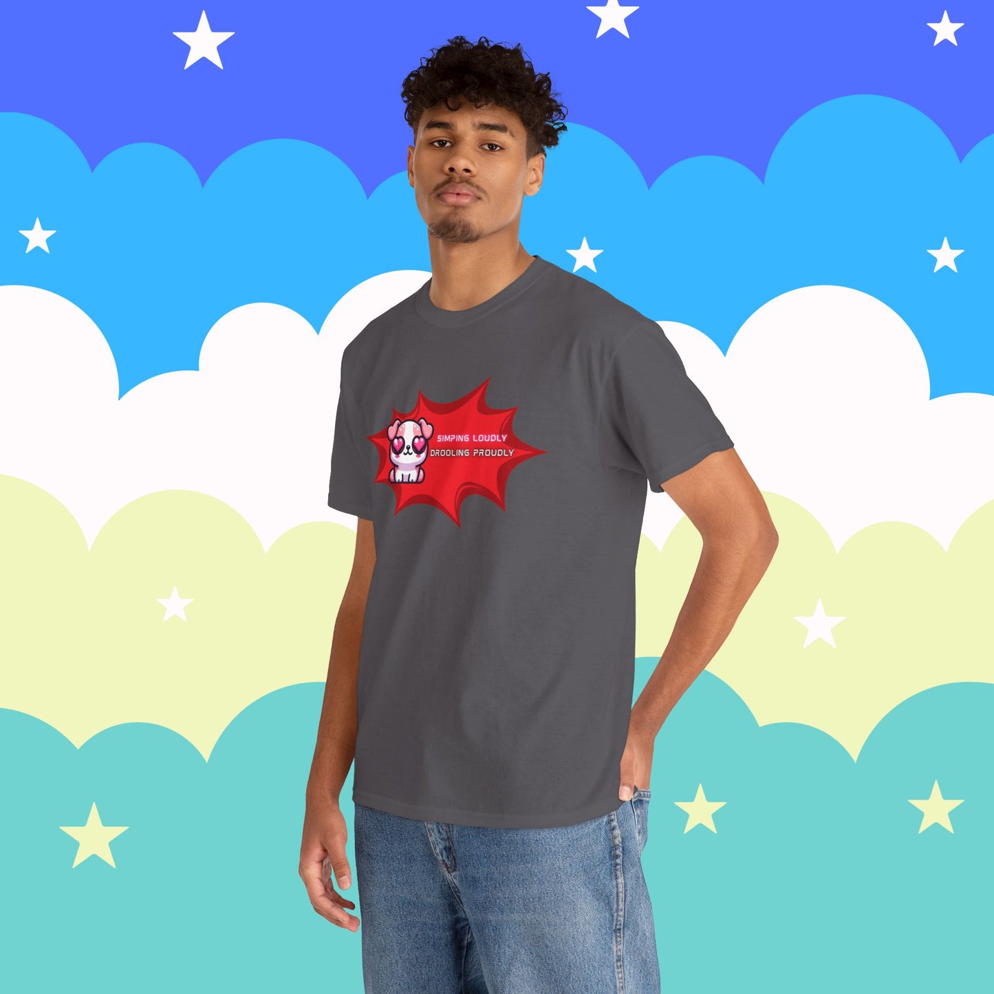 Kawaii Heart-Eyed "Simping Loudly, Drooling Proudly" Pink Bulldog T-Shirt