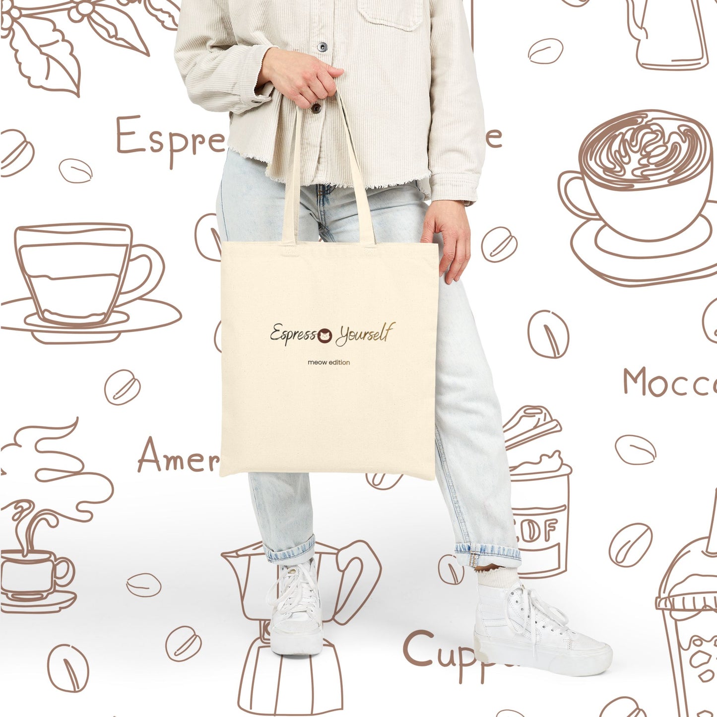 Espresso Yourself Meow Edition Coffee Cat Canvas Tote — Espresso Lover Cotton Bag
