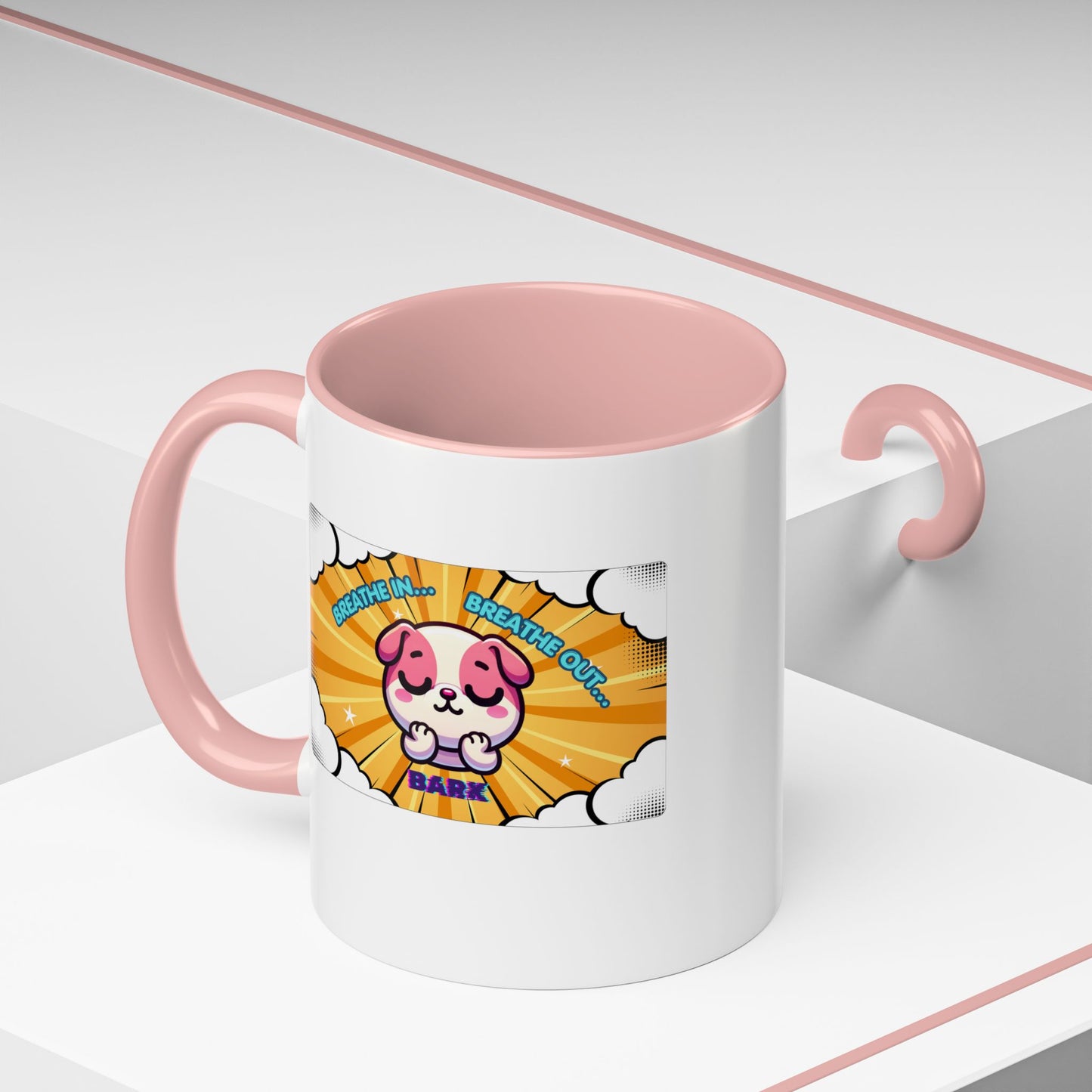 Stay Calm Pink Bulldog Kawaii Emote Coffee Mug — "Breathe In... Breathe Out... Bark"