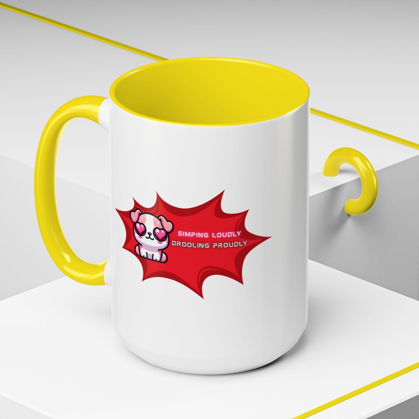 Cute Pink Bulldog Coffee Mug — “Simping Loudly, Drooling Proudly” Kawaii Heart-Eyed