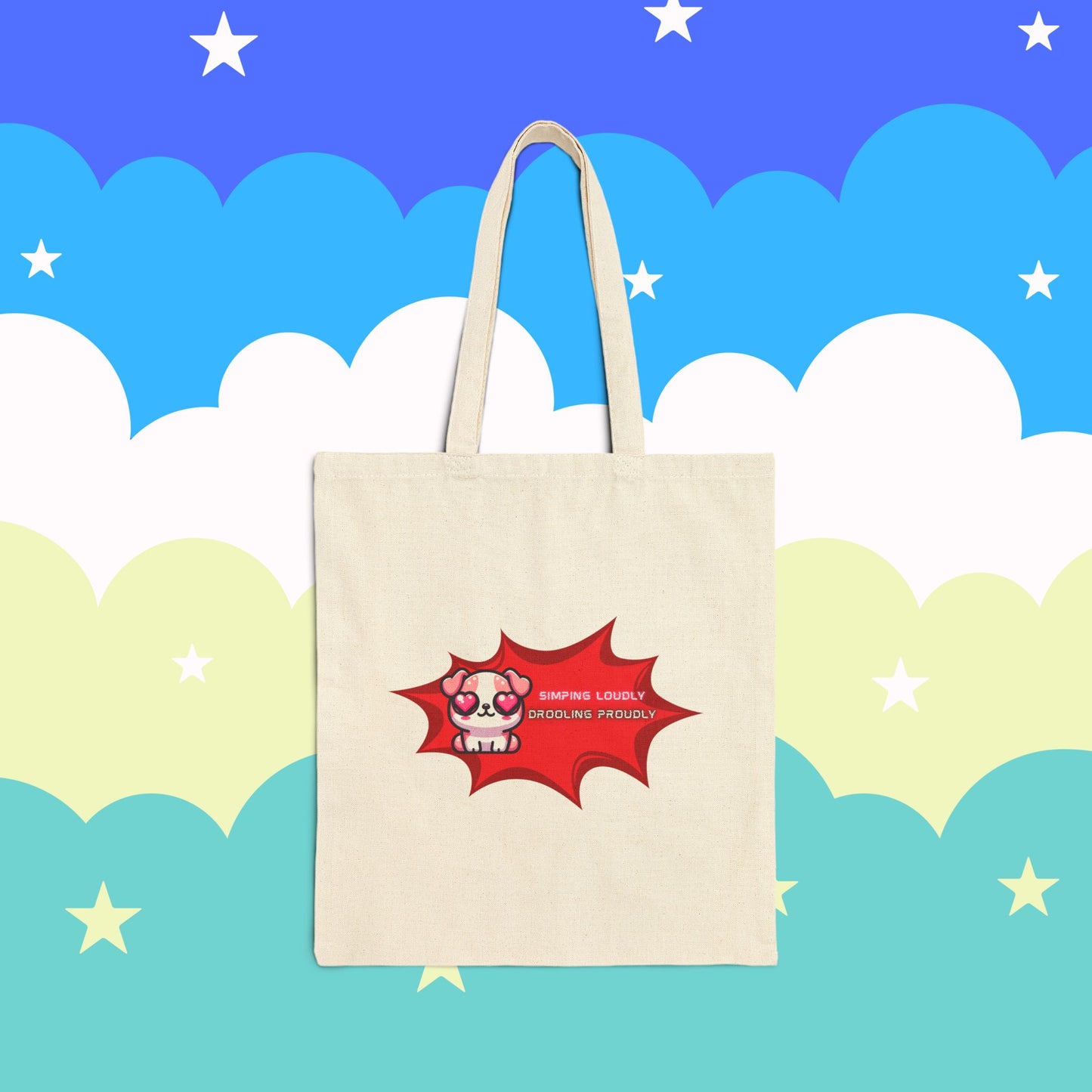 Kawaii Heart-Eyed Bulldog Tote — “Simping Loudly, Drooling Proudly” Cotton Canvas Bag