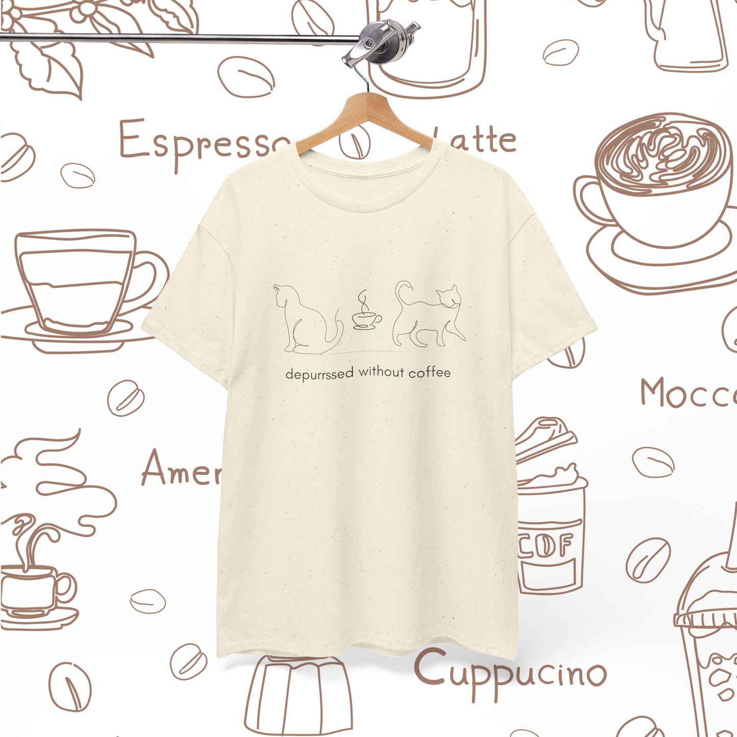 Depurrssed Without Coffee — Minimalist Caffeine Tee, Coffee Cat T‑Shirt