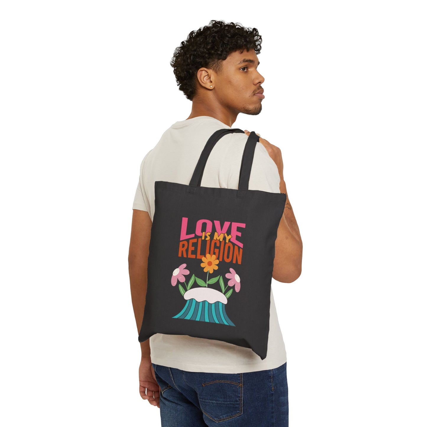 Love Is My Religion Cotton Tote — Floral Retro Canvas Bag