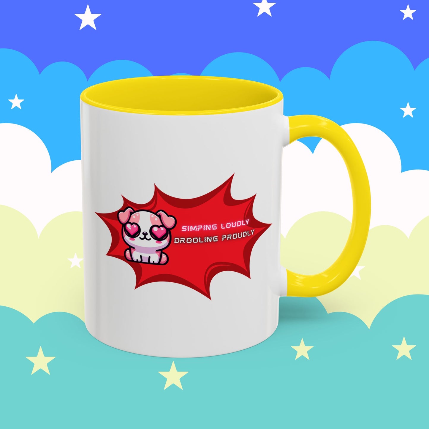 Cute Pink Bulldog Coffee Mug — “Simping Loudly, Drooling Proudly” Kawaii Heart-Eyed